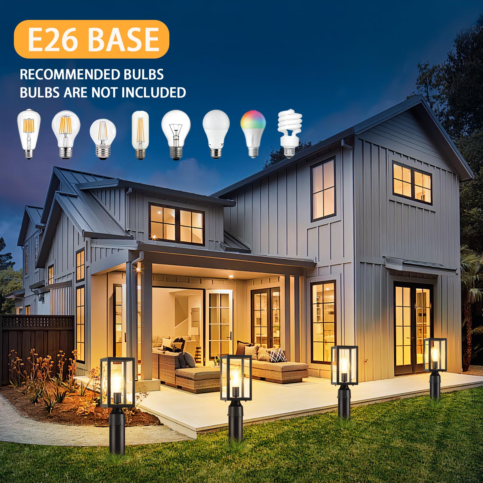 MYHXQ Dusk to Dawn Outdoor Post Lights, Black Metal 2-Pack, Waterproof Lamp Fixture, Model WL305B, Clear Glass for Garden Patio