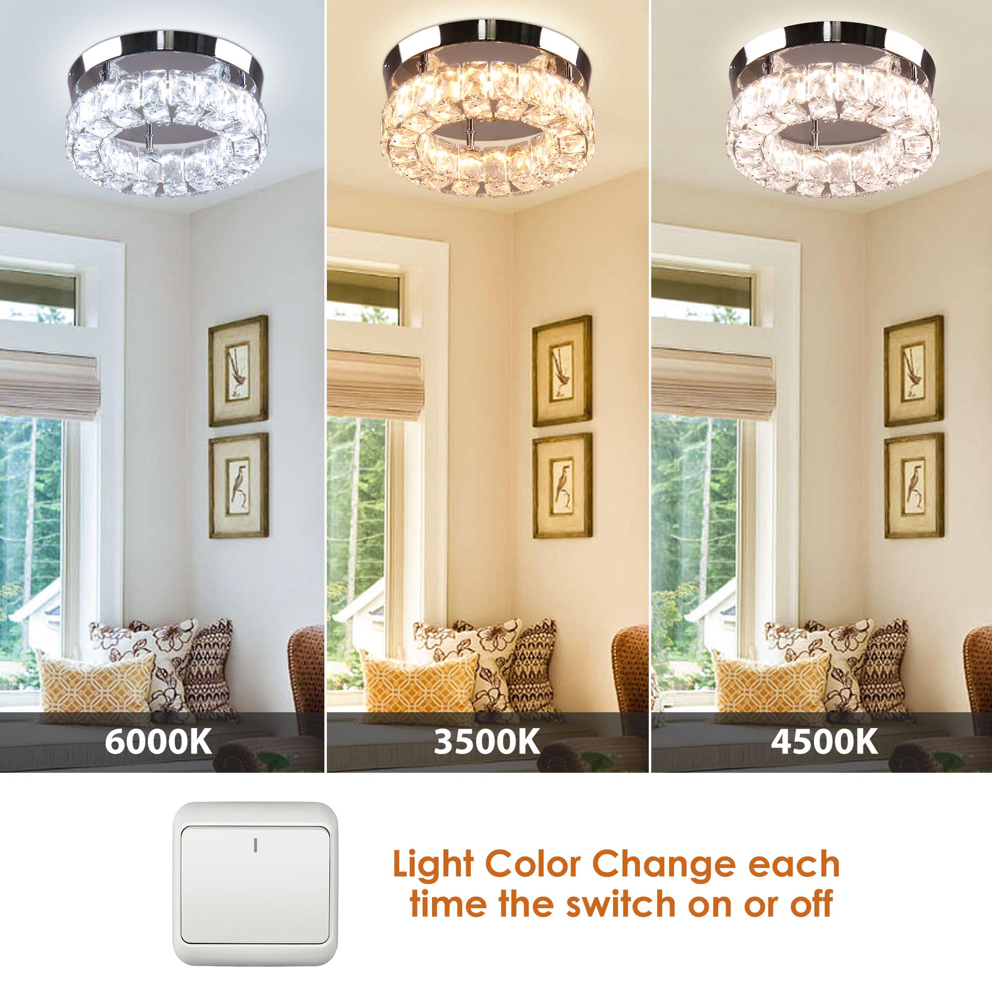 Ypqxyhda Small Crystal Chandeliers Led Crystal Ceiling Light Semi Flush Mount Light Fixture For Foyer Entryway Crystal Hallway Light Bedroom,9.8",3 Colors Adjustable