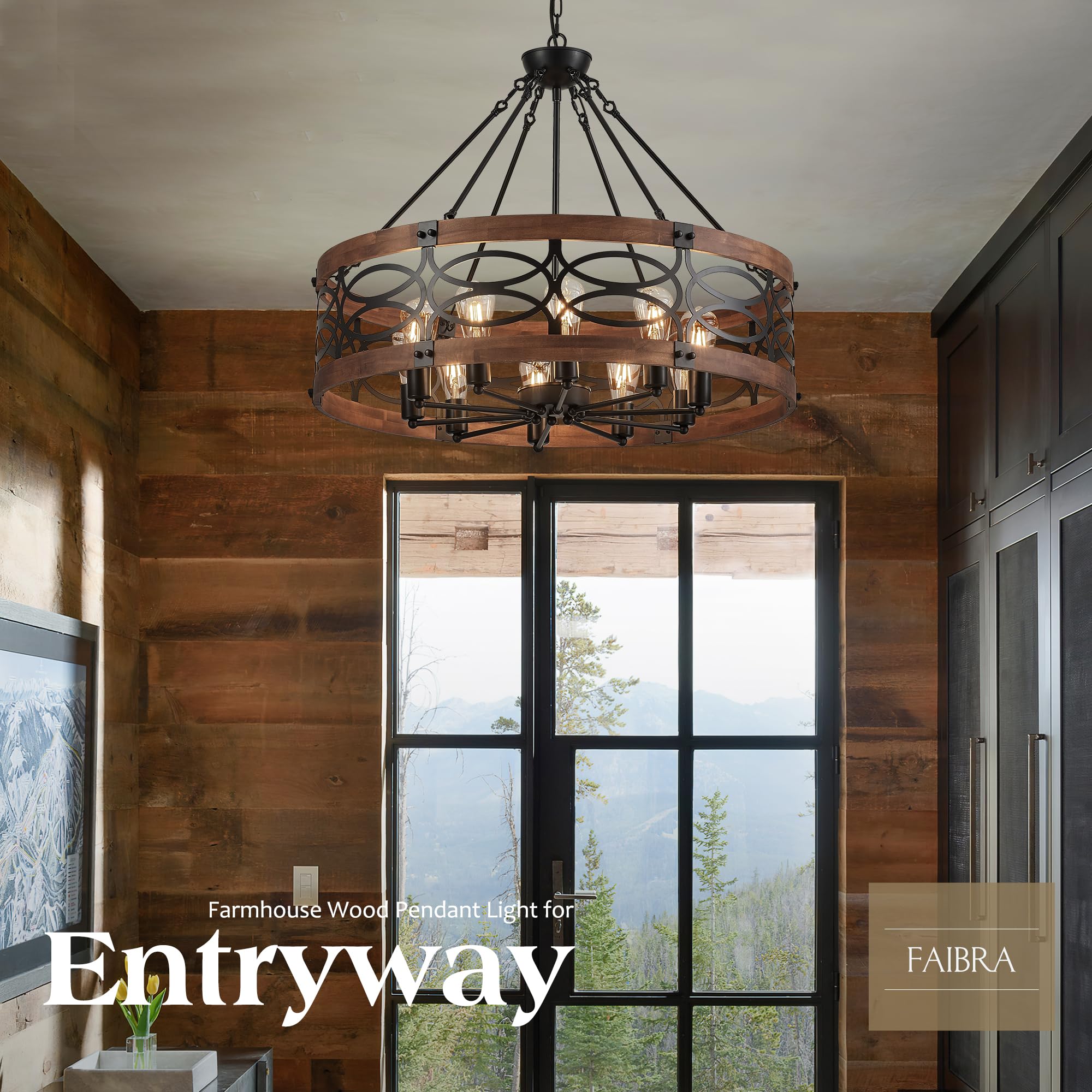 Faibra 10-Light Farmhouse Drum Pendant Light, Vintage Rustic Brown Oak, 32.24in Chandelier for Dining Room, Entryway, Bedroom