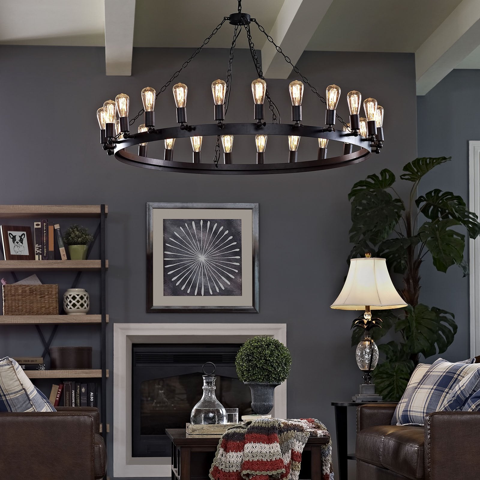 Modway Teleport 52 Modern Farmhouse Rope and Steel Metal Round Ceiling Light Pendant Chandelier In Brown