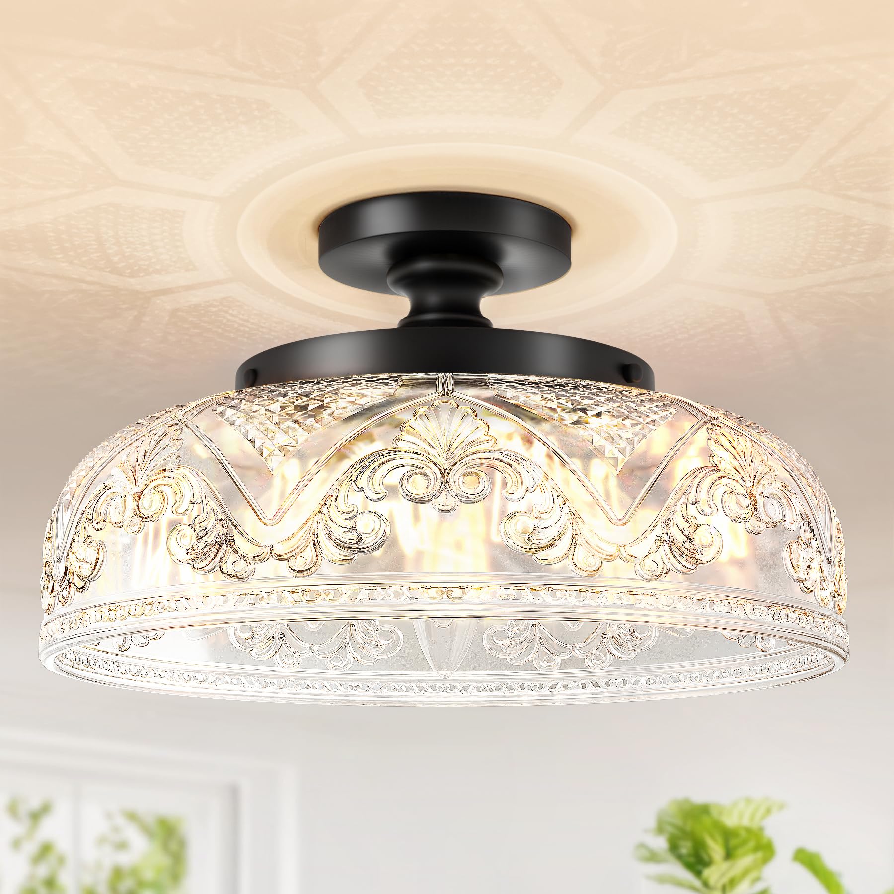 Slypadan Semi Flush Mount Ceiling Light, 12 Inch Large Gold Ceiling Light Fixture, 3-Light Globe Glass Farmhouse Kitchen Lightin