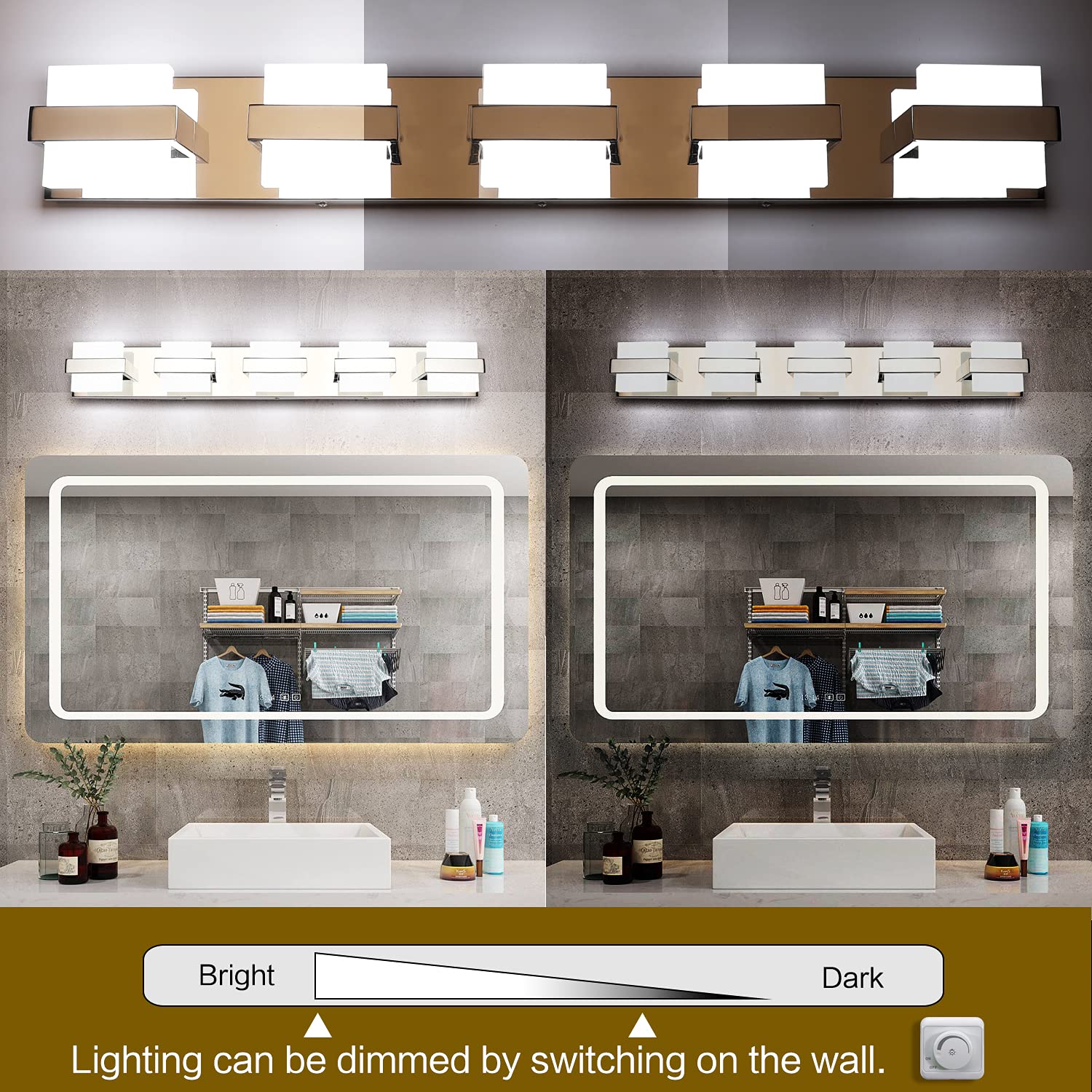 SOLFART 5-Light Dimmable Bathroom Vanity Lights, Chrome Stainless Steel Over Mirror Fixture, Model 7248-5T-WHL, White Light