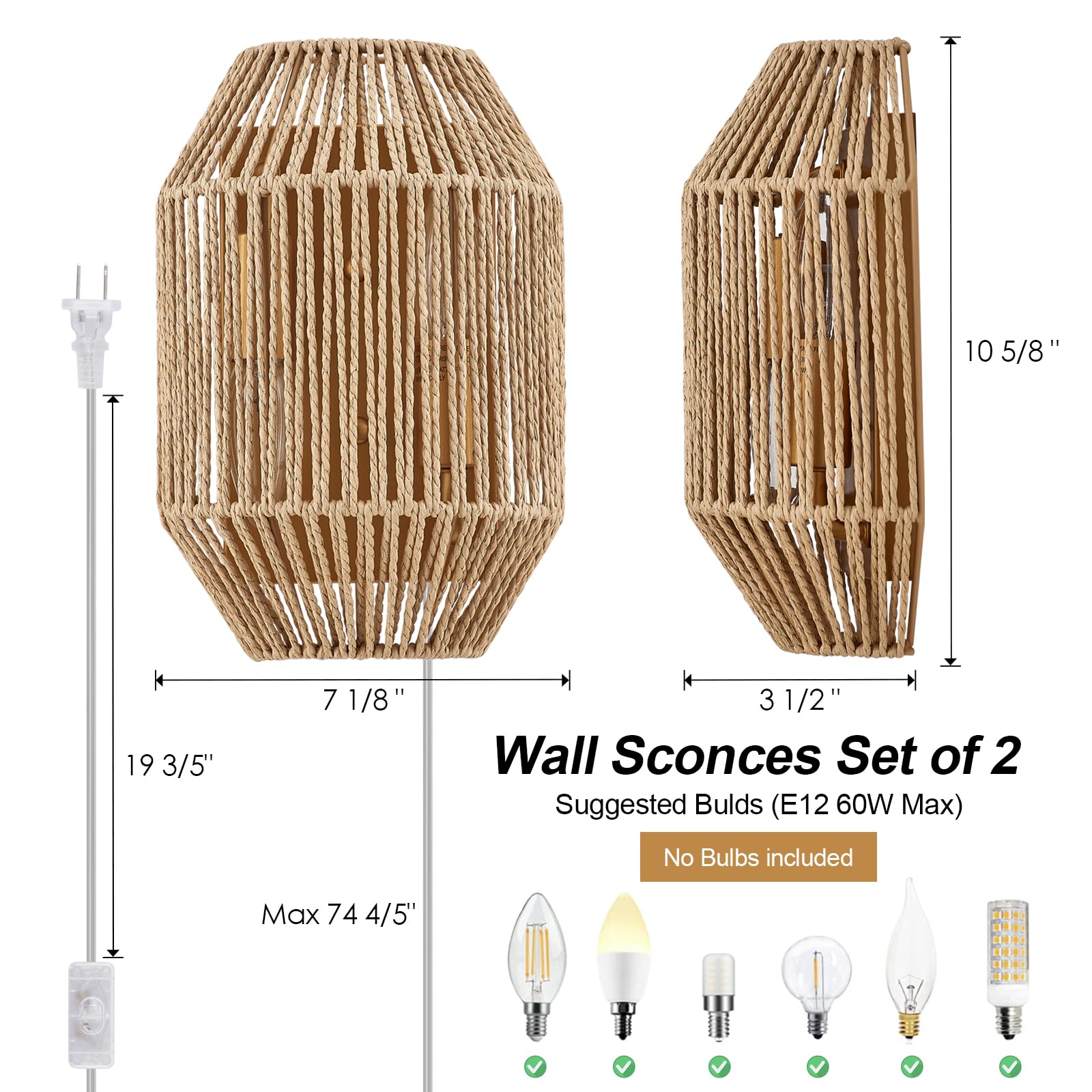 MhyTogn Rattan Plug-in Wall Sconce Set of 2, Boho Woven Shade, Antique Brass Finish for Living Room, Stairway, Hallway