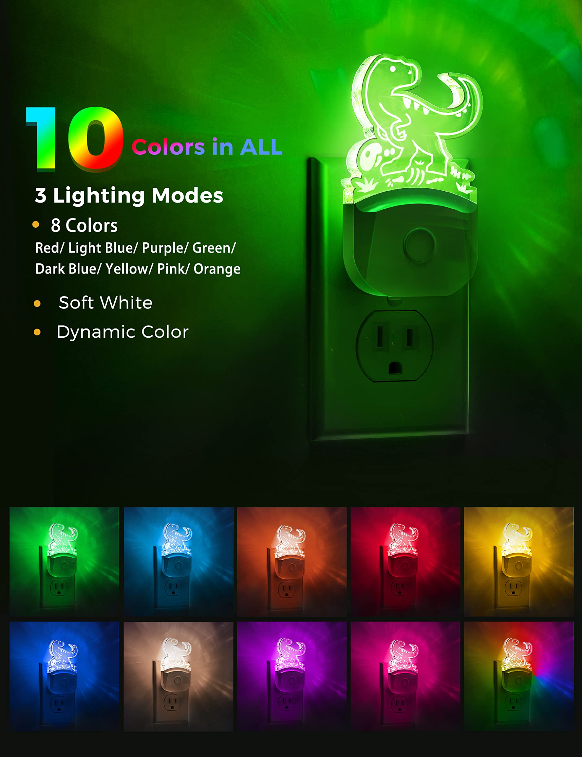 Lohas Dinosaur Night Light For Boys, Kids Nightlight Plug In, Dusk-To-Dawn, Velociraptor Led Night Lights Plug Into Wall, Rgb+So