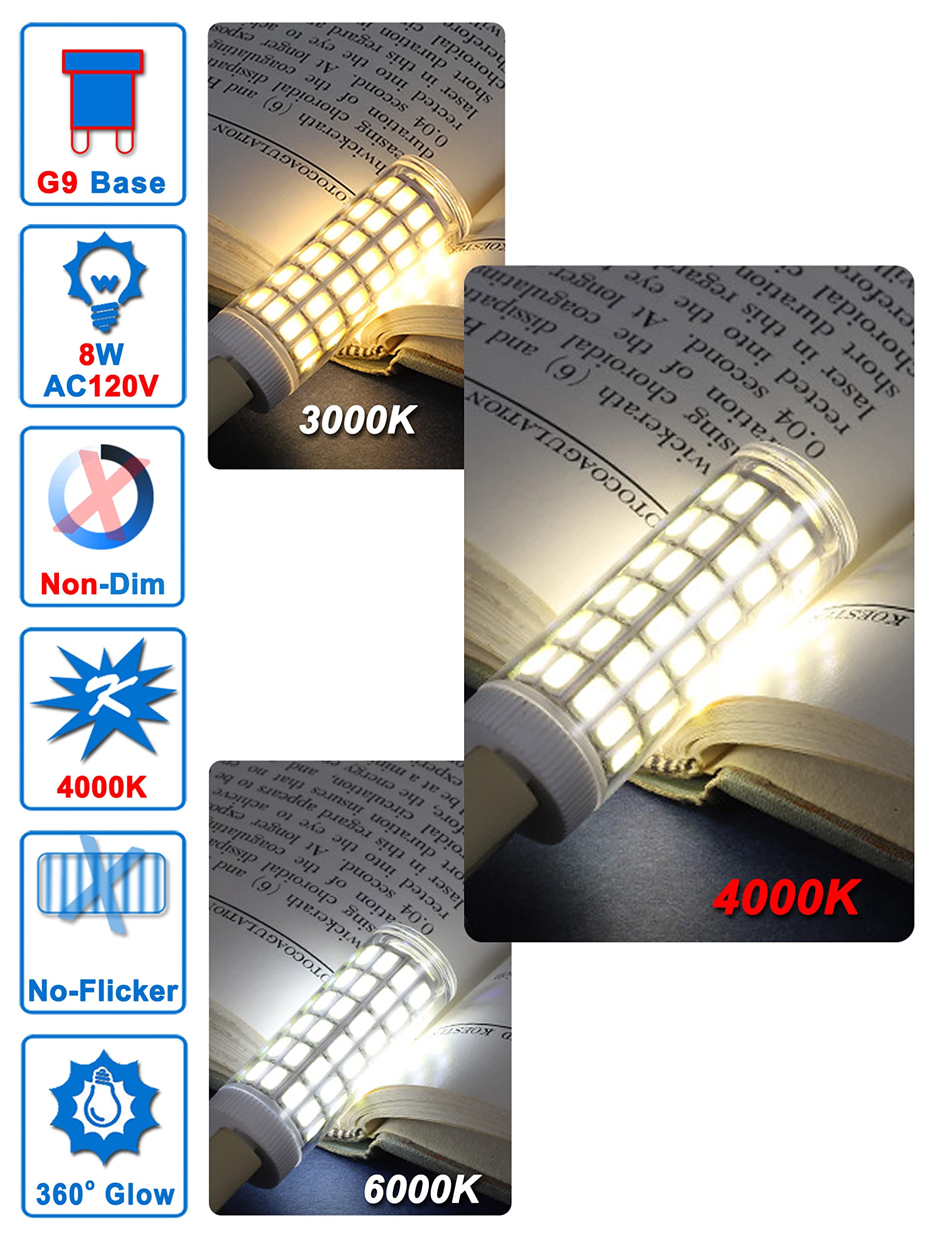 Ziomitus G9 LED Bulbs 75W 4000K Natural White, 1000lm Bi-pin Light Bulb, 5 Pack, Ceramics+PC for Chandelier & Vanity
