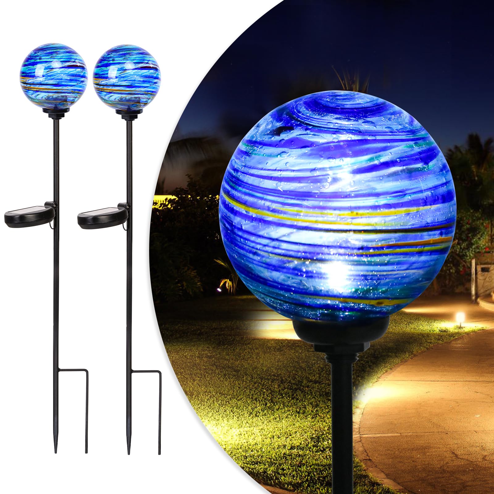 Solar Outdoor Decorative Lights Color Swirl Garden Stake Glaze Glass LED Globe Lights for Pathway Yard Lawn Decoration - 2 Pack 