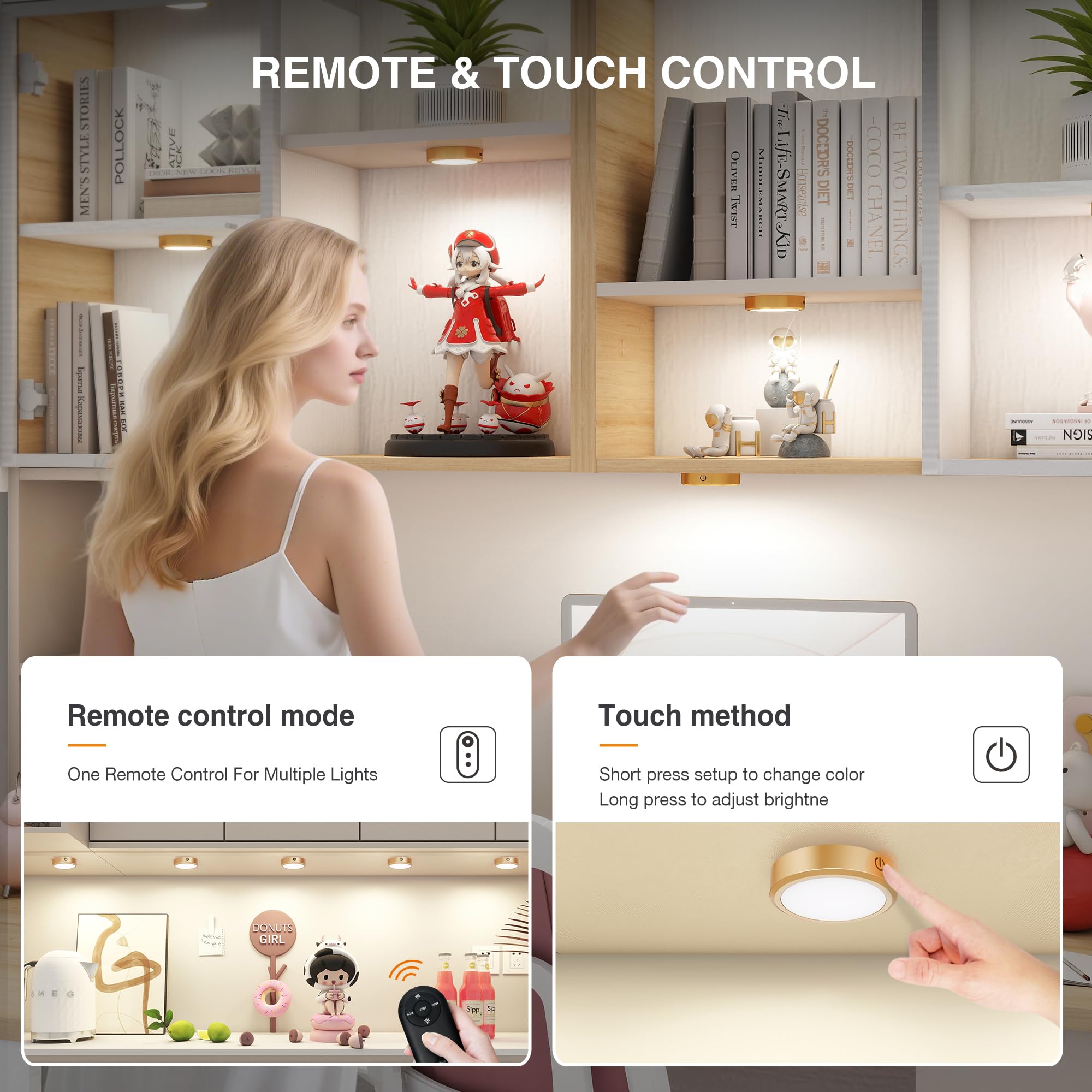 MICLIONLED Rechargeable Puck Lights with Remote Control, LED Under Cabinet, 2 Pack, Gold, Model M3-GB17