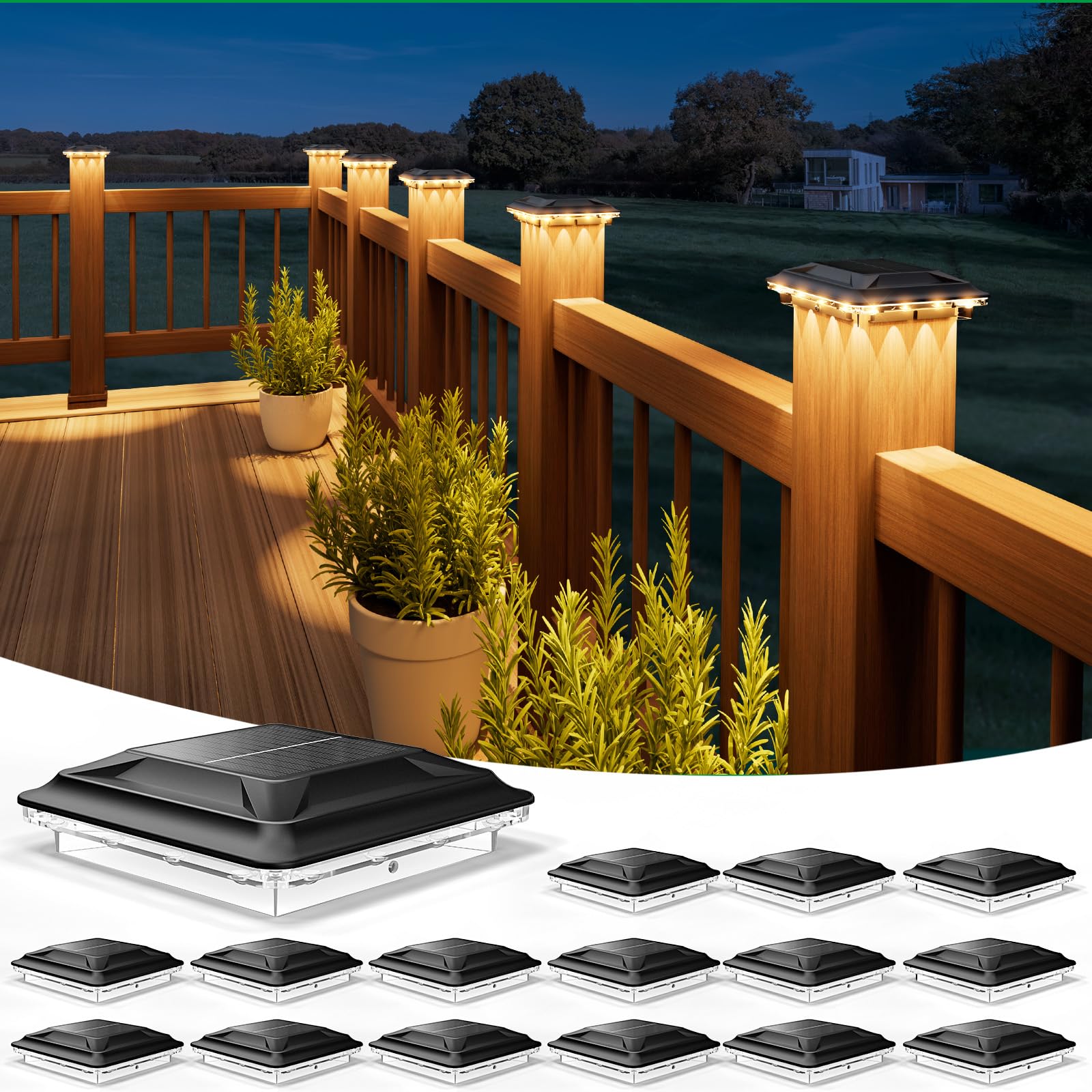 Upgraded Solar Post Cap Lights Outdoor 16pack, 3-in-1 Selectable Color (Warm White/Cool White/Daylight), Waterproof Downward Lig