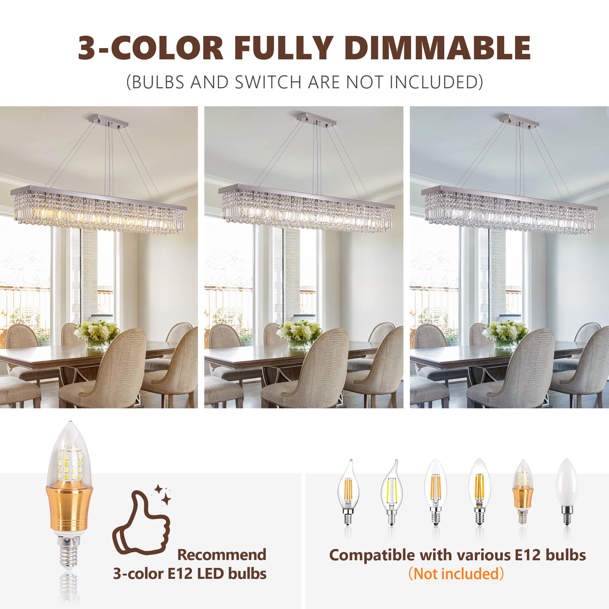 Tinkoso 13-Light Modern Crystal Chandelier, 59" Stainless Steel, Chrome Finish, Adjustable Pendant Light for Dining Room & Kitchen Island