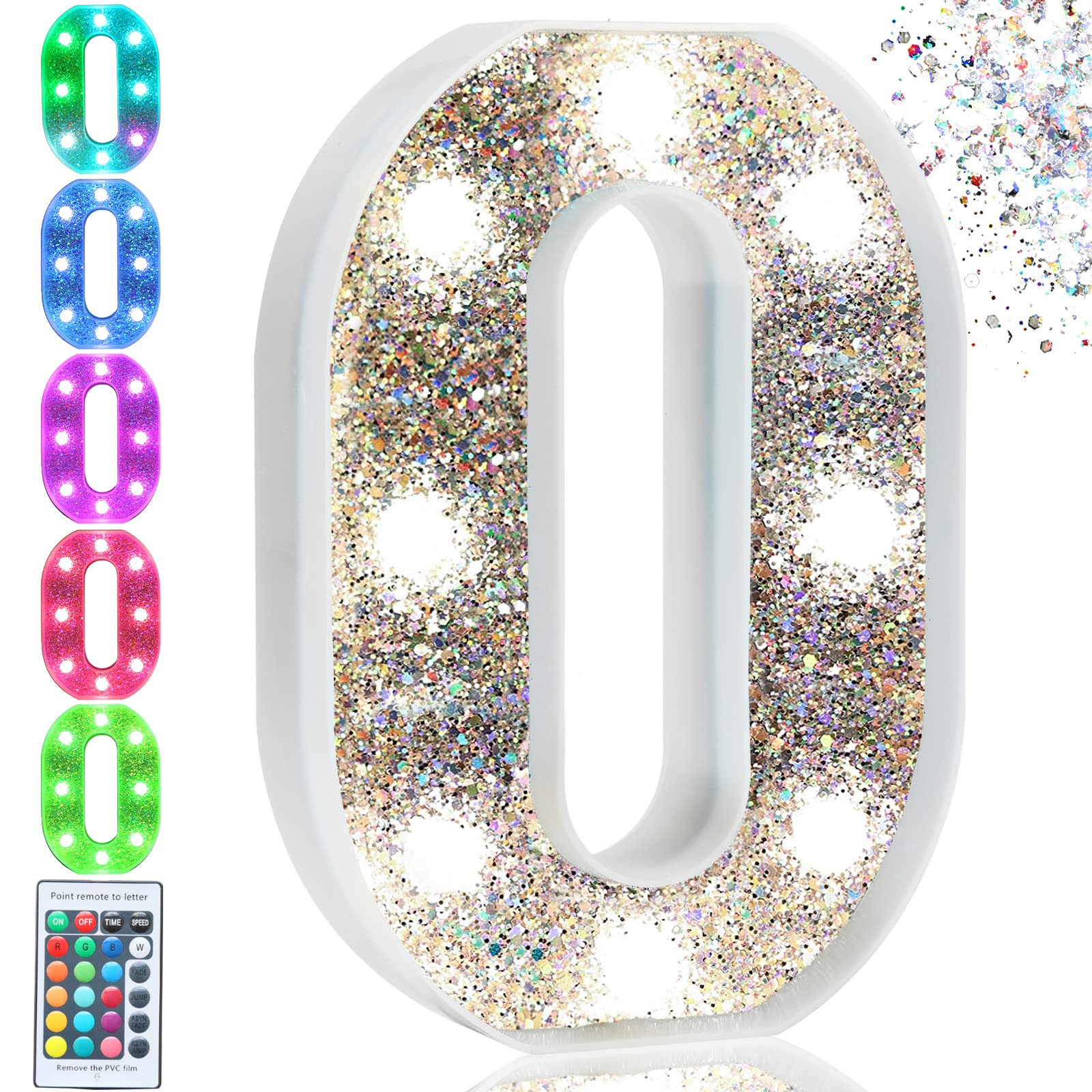 Pooqla Colorful LED Marquee Letter Light O, 6.2in, Battery Operated, 16 Colors, Glitter Silver, S-RGB Model for Party Decoration