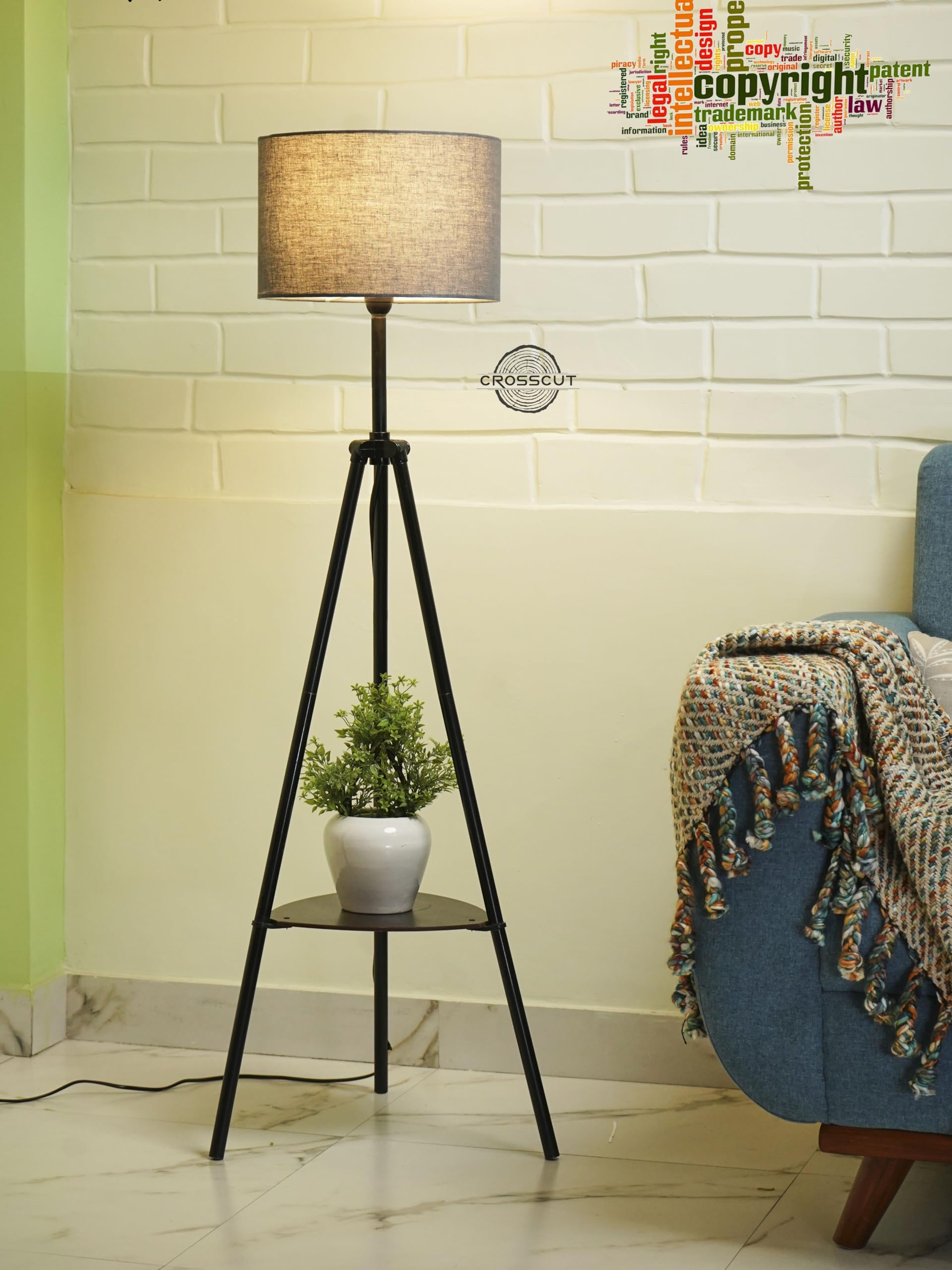 Crosscut Furniture Metal Floor Lamp with decorative shelf (Gothic Grey)
