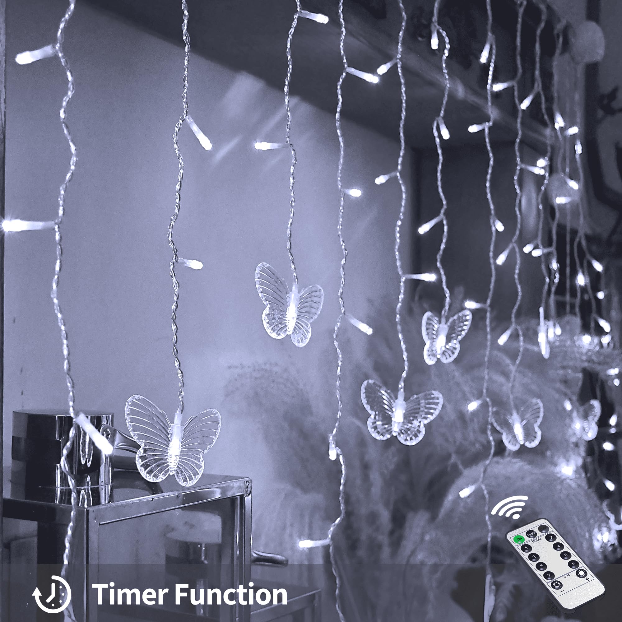 Yolight Butterfly Curtain Lights 13Ft 96 Led Twinkle Fairy Lights Curtain String Lights With Remote, Butterfly Hanging Decoration For Bedroom Dorm Wall Patio Party Wedding Halloween Christmas (White)