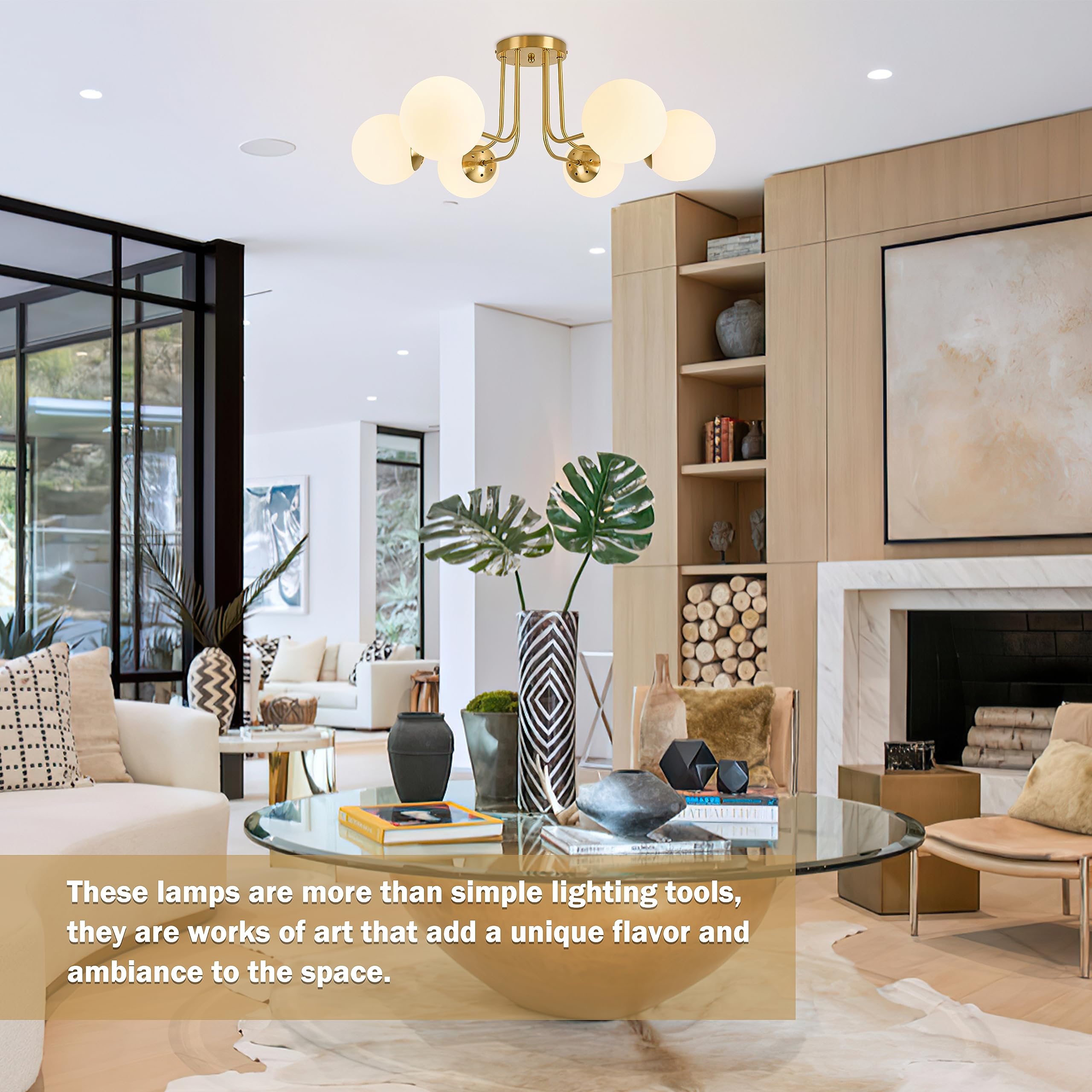 Koko&Yukina 6-Light Mid Century Ceiling Light Modern Semi Flush Mount Ceiling Light Fixture Globe Ceiling Light With Milk Glass