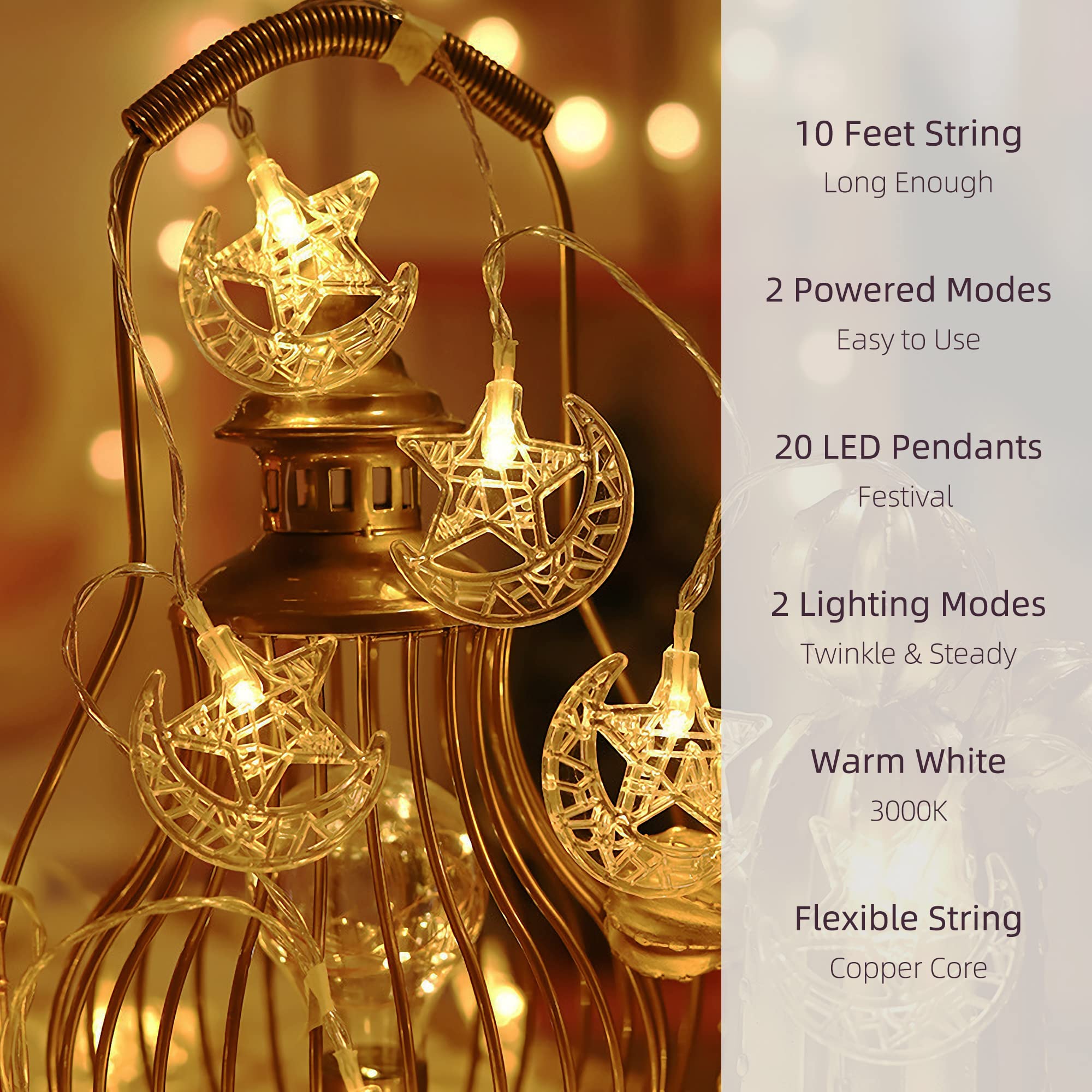 Ramadan Lights Star Moon String Lights 10Ft 20 LED Fairy Lights Battery Operated with 2 Modes Indoor Twinkle Ramadan Kareem and