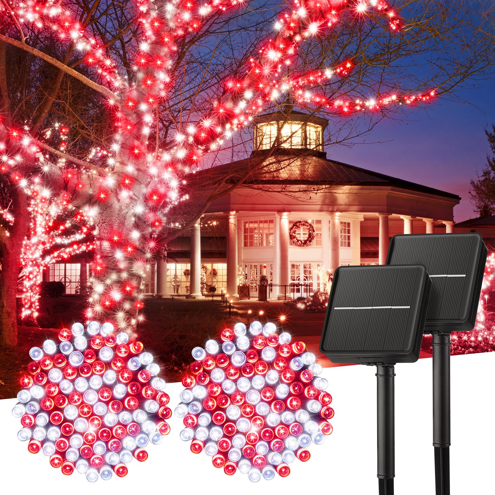 Minetom Solar Christmas Lights Outdoor Waterproof, 2 Pack Total 80FT 200 LED Solar Lights with 8 Modes, Solar Christmas Outdoor Decoration, Solar String Lights for Outside House Tree,Red & Pure White
