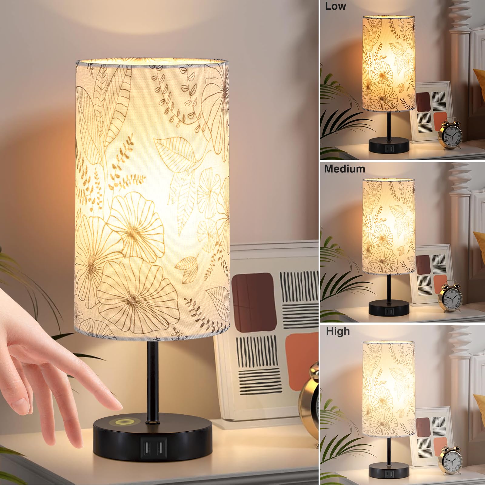 Bedside Touch Lamp With 2 Usb Ports, Modern 3 Way Dimmable Small Lamp With Flower Fabric Shade, Nightstand Lamp For Living Room