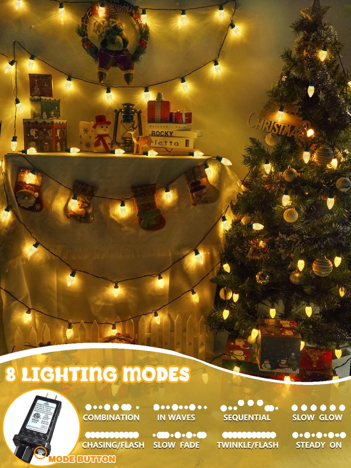 2-Pack C9 Christmas String Lights Plug In  66 Ft 100 Led Christmas Lights Connectable With 8 Modes & Timer  Waterproof Fairy Twinkle Light Indoor Outdoor For Xmas Tree Yard Decorations (Warm White)