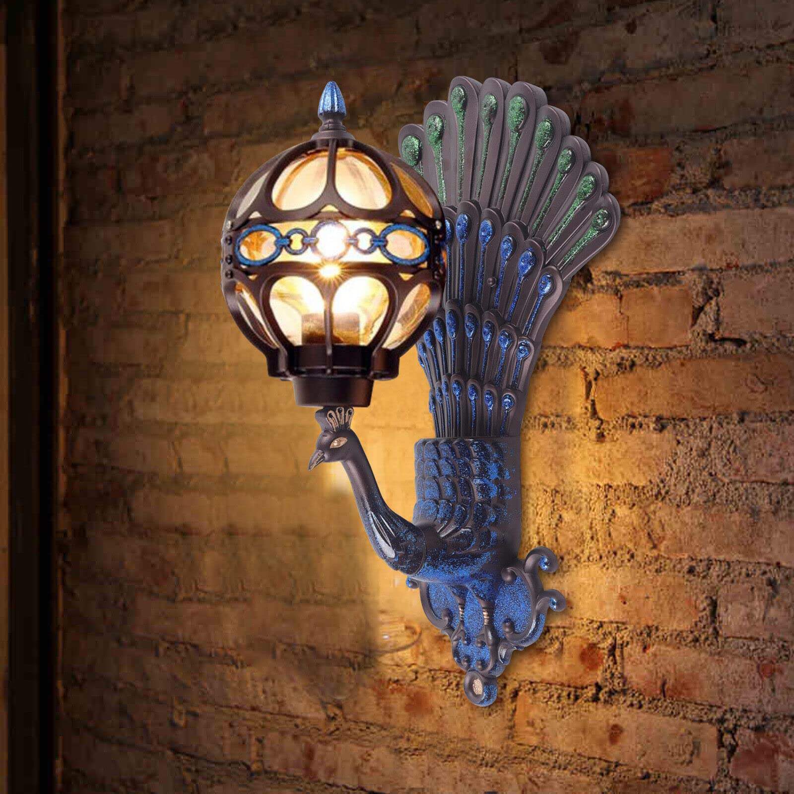 YINZINR Peacock Wall Light Sconce, 21'' Metal LED Lamp, IP65 Waterproof, Antique Style for Porch & Balcony