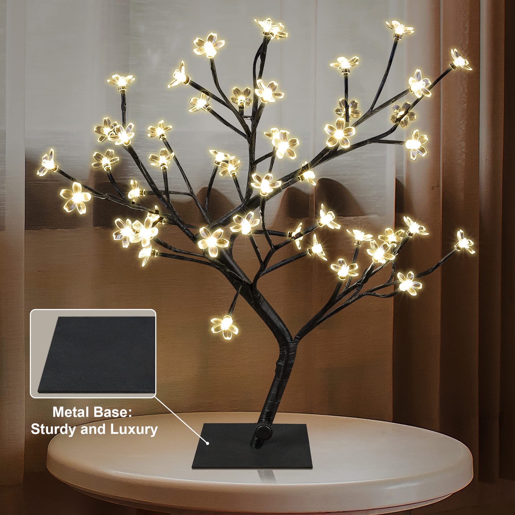 LIGHTSHARE 18" Cherry Blossom Bonsai Tree with 48 LED Warm White Lights, Metal Base, Model ZXTSD-WW, Ideal Night Light & Home Gift