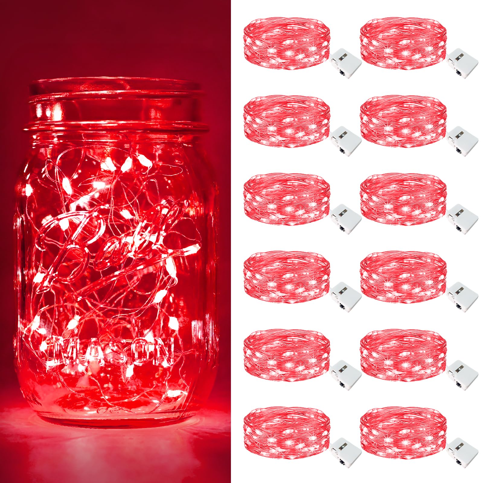btfarm 6 Pack Fairy Lights Battery Operated [3 Modes]  7ft 20 Led Twinkle Lights String Lights Waterproof Bulk Small Mini Silver Wire for Christmas Mason Jars Wedding Table Centerpiece  Red