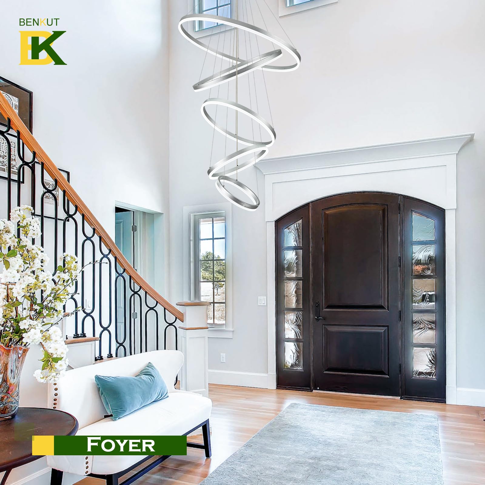 Benkut Modern LED Chandelier, 5 Rings, Silver, Dimmable, 3000K-6500K, Model P60-5SDC1, for Foyer/Dining