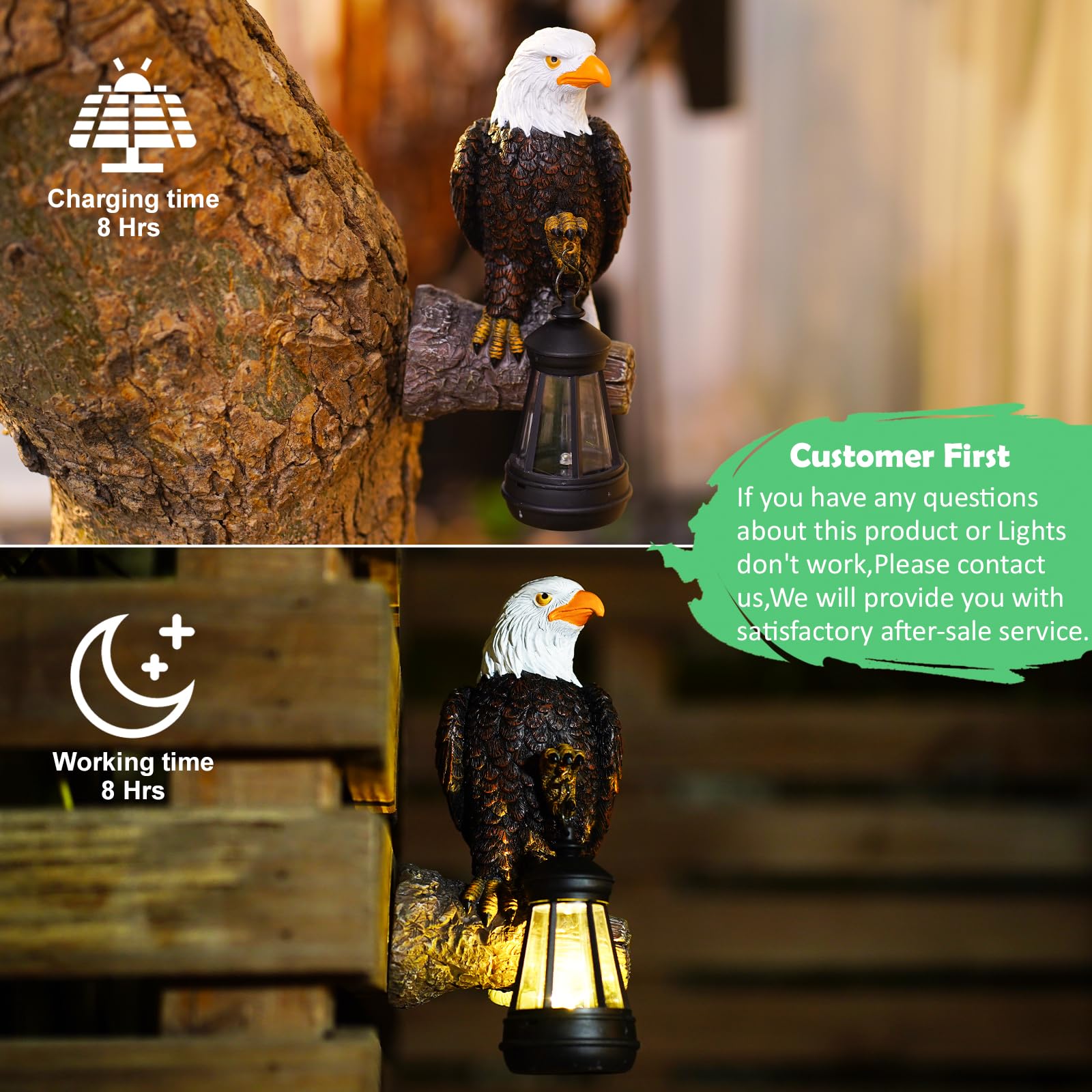 Fashionoda Eagle Tree Hugger Resin Statue with Solar Lantern - Outdoor Garden Decor - Dark Black - Model LD602497