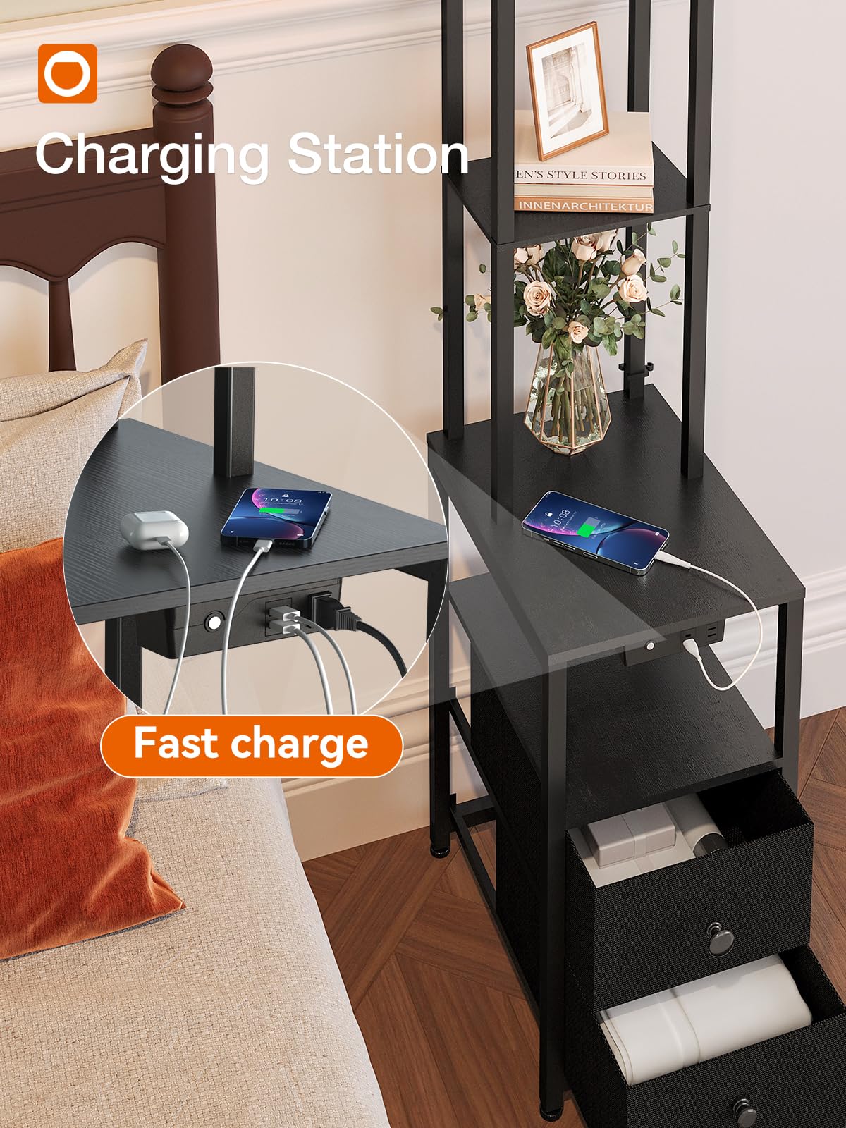addlon Floor Lamp with Night-Light Mode, 3-Color LED Bulb, 2 USB Ports, 1 AC Outlet, Black, Model SFBGD-1224-1