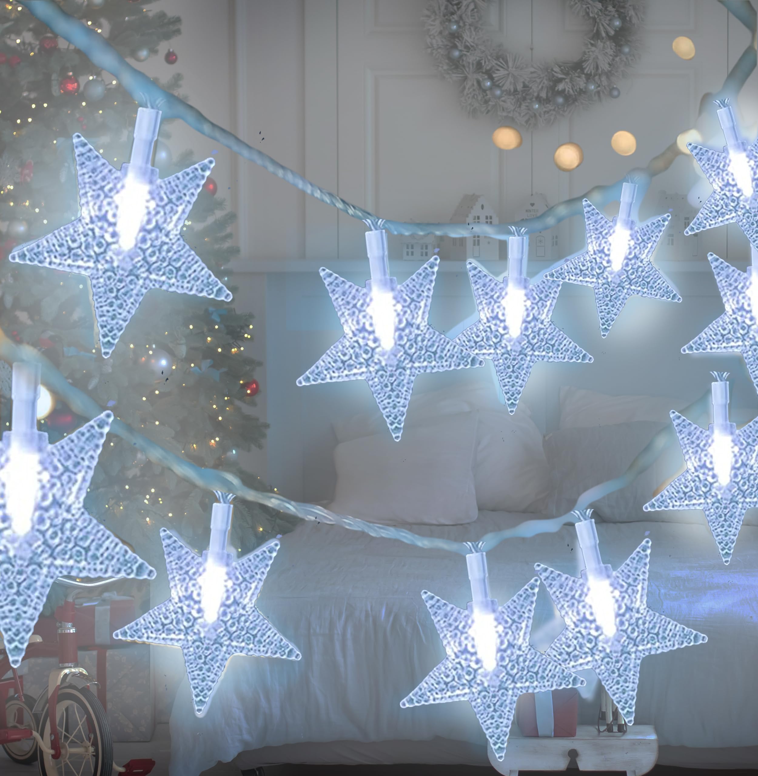 Holiday Essence - Star String Lights 100 LED Cool White Fairy Lights for Bedroom Party Wedding Xmas Holiday Light Decorations 49