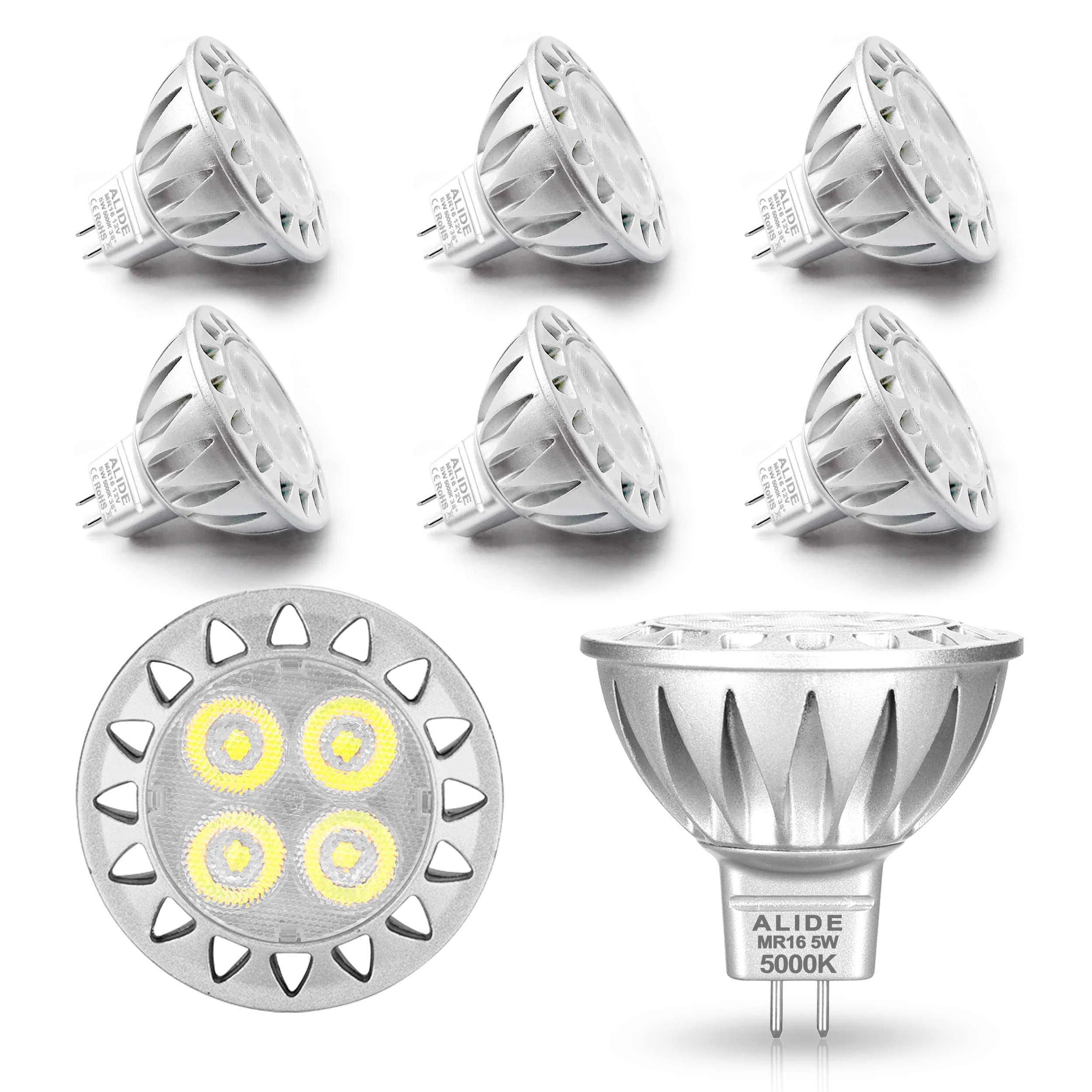 Alide 5W Mr16 5000K Daylight White Led Bulbs Gu5.3, Mr16 20W 50 Watt Halogen Replacement, 12V Low Voltage Light Bulb For Accent 