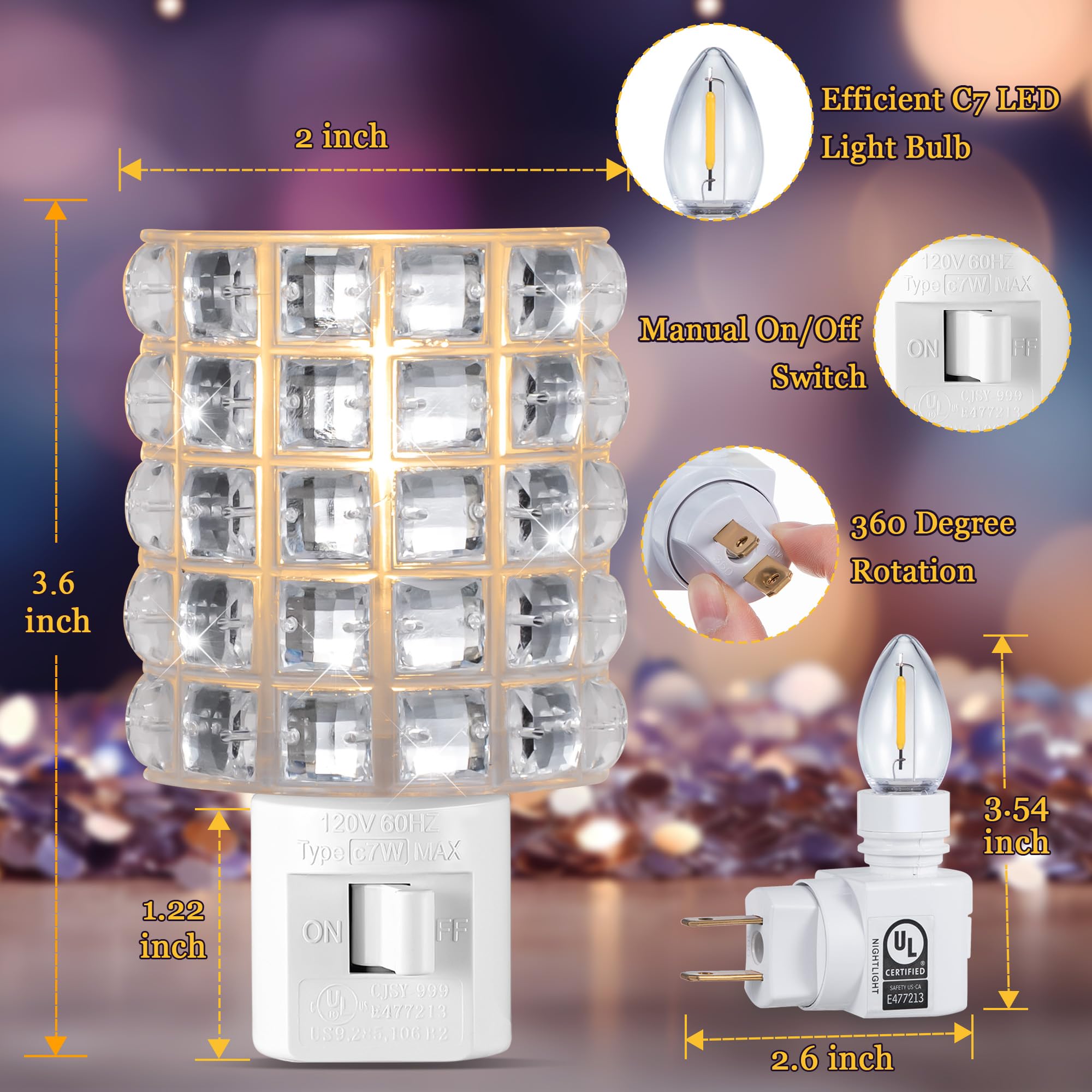 ElectricWise Crystal Night Light, Warm White, 360° Swivel Plug, Transparent Resin, Model ElectricWise-Lights-0028