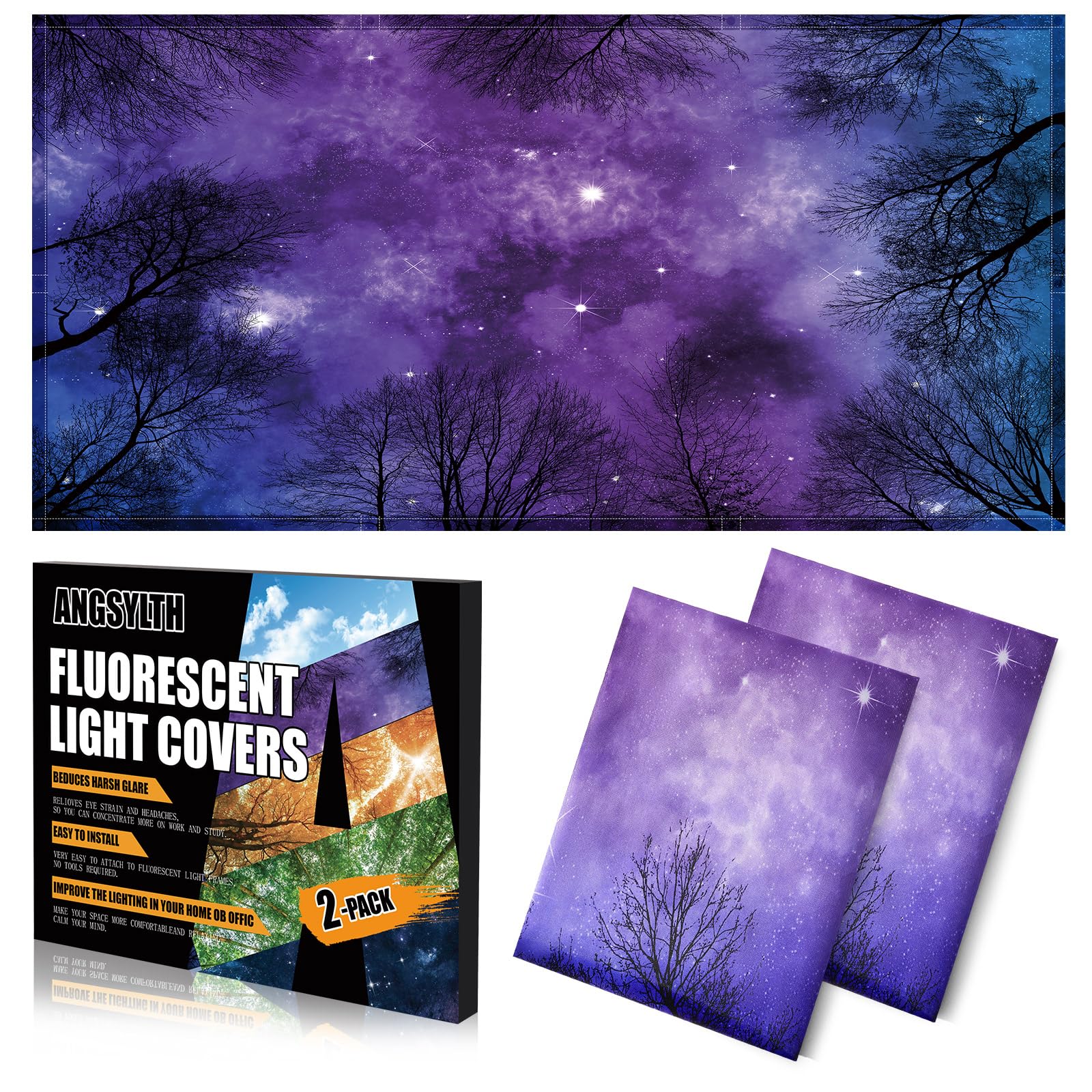 ANGSYLTH Fluorescent Light Covers - 4x2 Feet, Magnetic Filters for Classroom, Office, Home - 2 Pack, Forests & Starry Sky