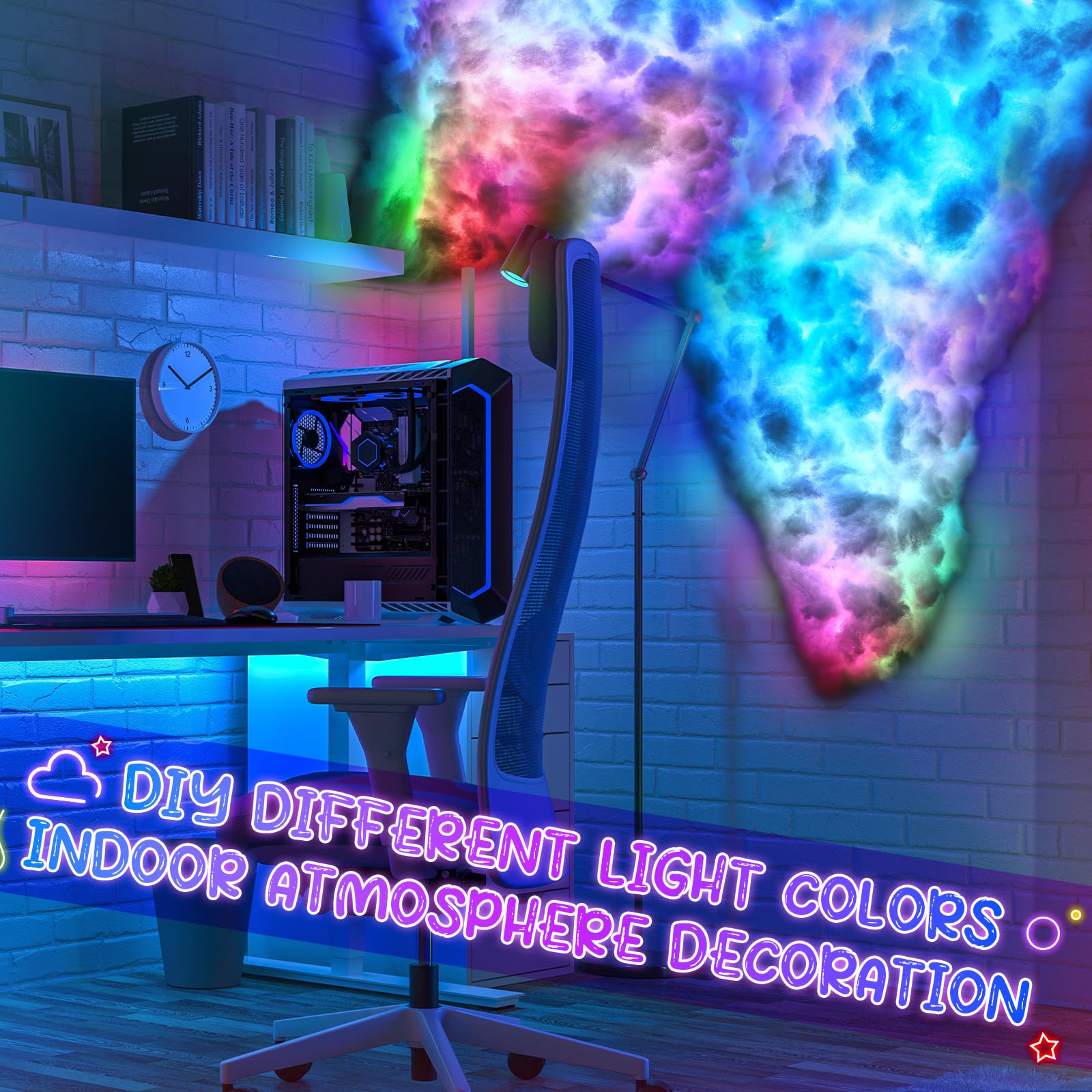Huquary 3D Thundercloud LED Light Kit, Multicolor Cotton Cloud Lamp, 16 Ft, Music Sync, for Bedroom, Ceiling, Gaming Room, Party (2 Pcs)