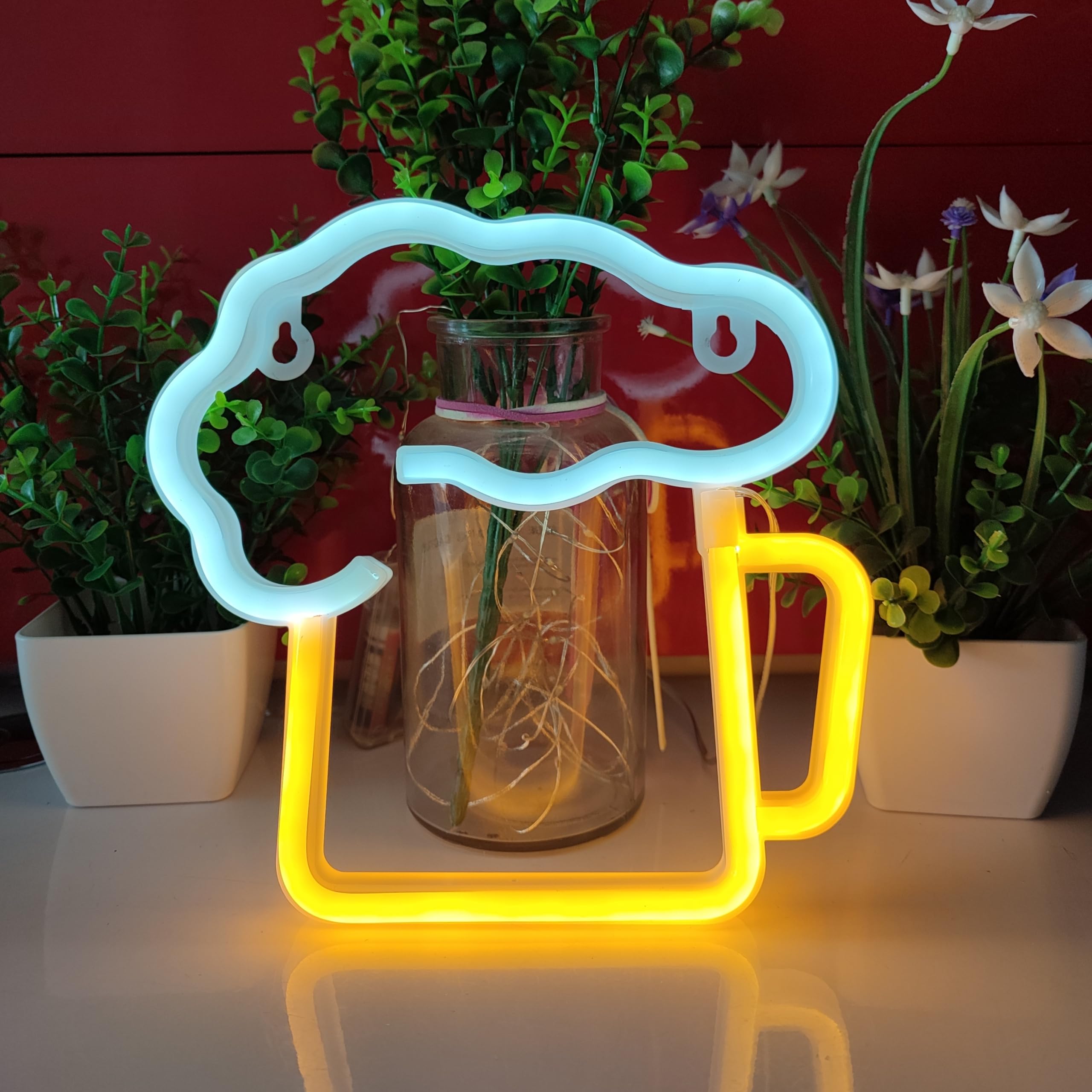 JYWJ Neon Light Sign, USB & Battery Powered, LED Wall Decoration, Yellow & White, Ideal for Parties & Business Premises