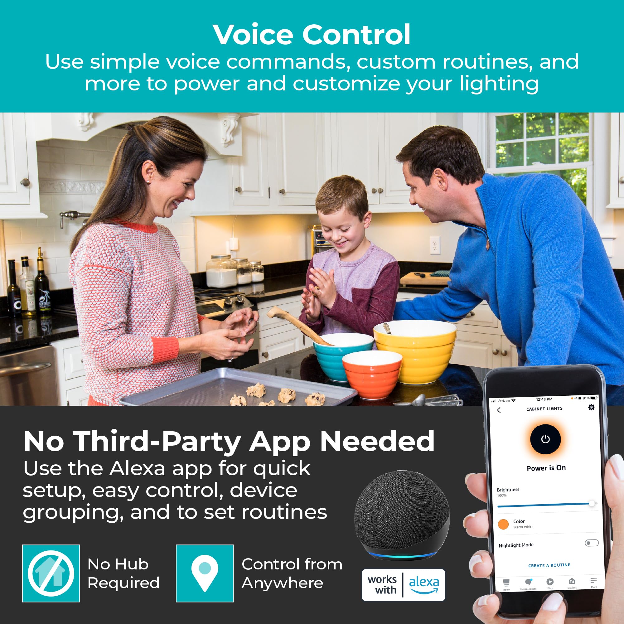 PureOptics LED Works with Alexa Smart LED Under Cabinet Lighting Kit, Motion Sensor, Dimmable , 3 Color Settings, For Kitchen, C