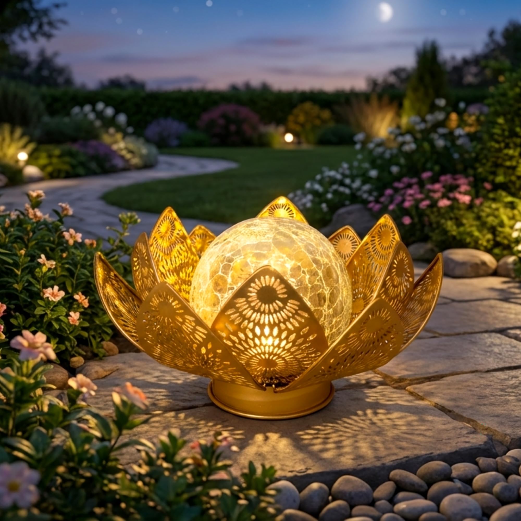 Cubular Solar Lights Outdoor Waterproof IP65 - Lotus Flower Lantern with Crackle Glass & Metal Petals, Garden Decor for Patio, P