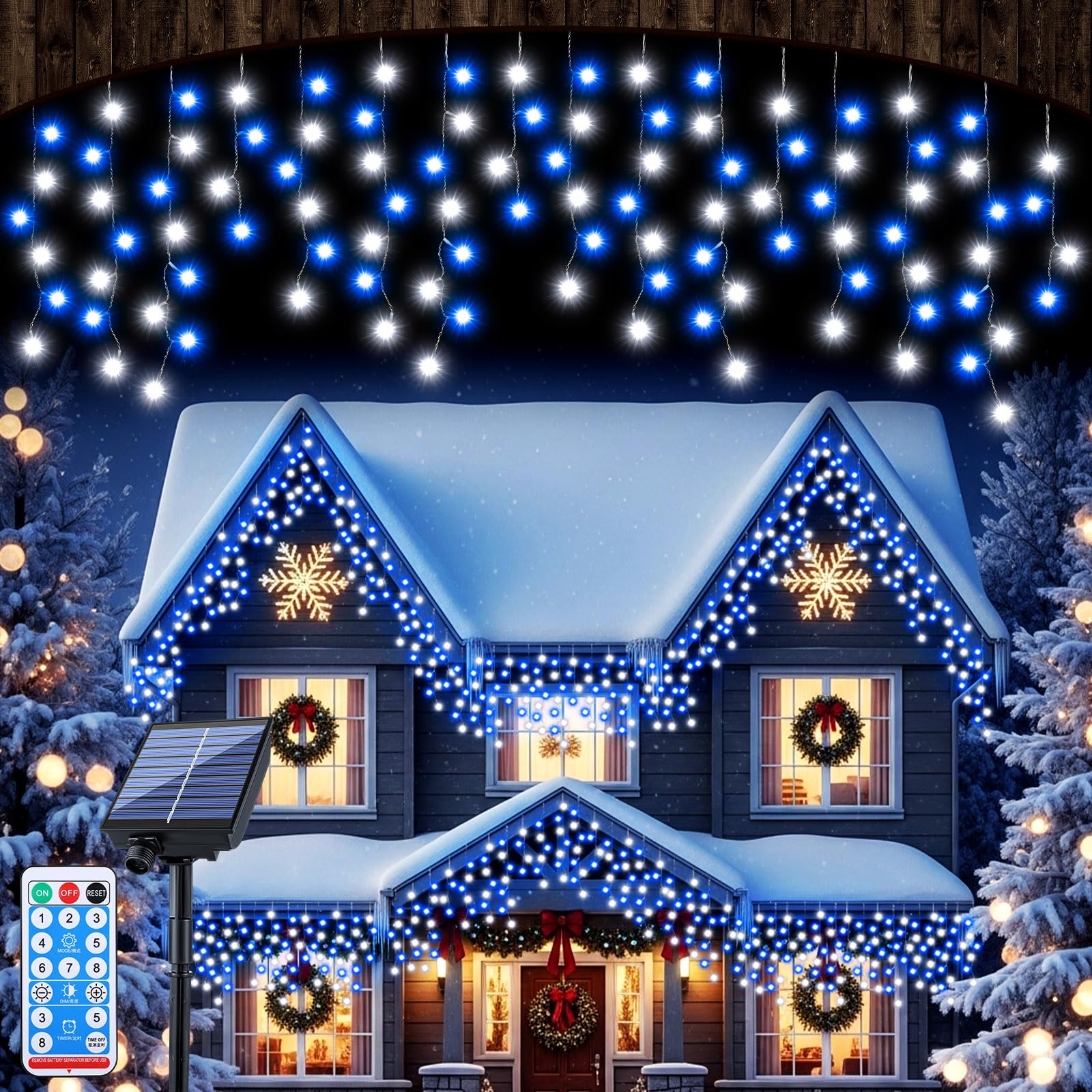 Retisee 65ft Blue White Solar Icicle Christmas Light for Outdoor Decorations 600 LED Waterproof Xmas Curtain String Light Solar 