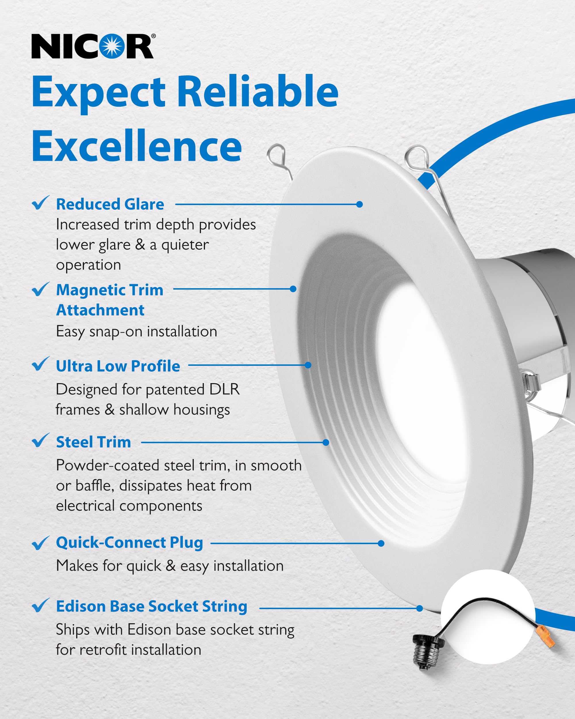 Nicor Lighting Recessed Ceiling Lights Led Downlight - 5/6 Inch Led Recessed Light Fixtures - Selectable Cct 2700K-5000K  918 Lumens  10.3W - Dlr56 Led Retrofit Ceiling Light  White Baffle  12-Pk
