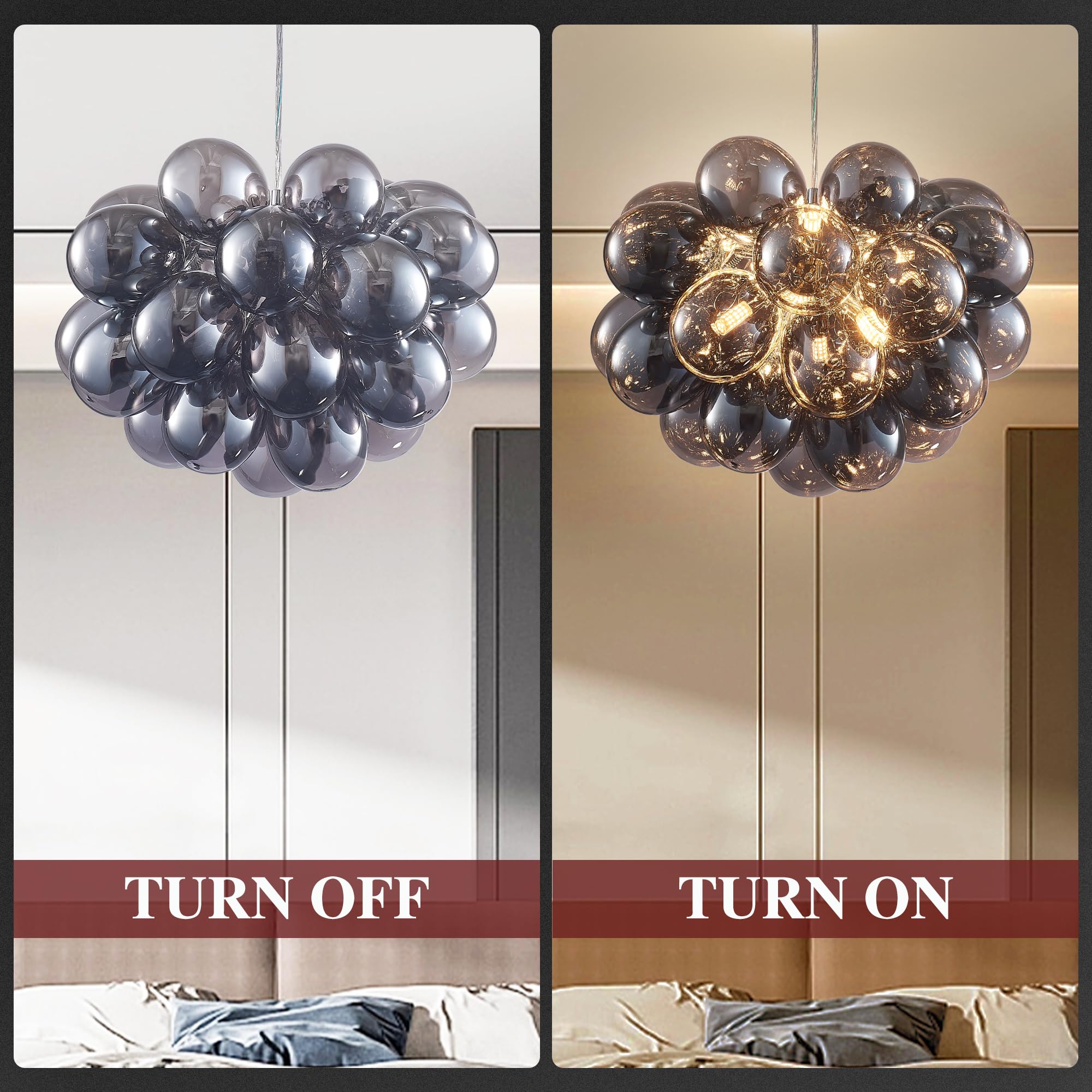 Longree Bubble Ball Chandelier, Dia 20 Inch Blown Black Glass Small Ballon Glass Pendant Light Fixture For Bedroom Study Bathroo
