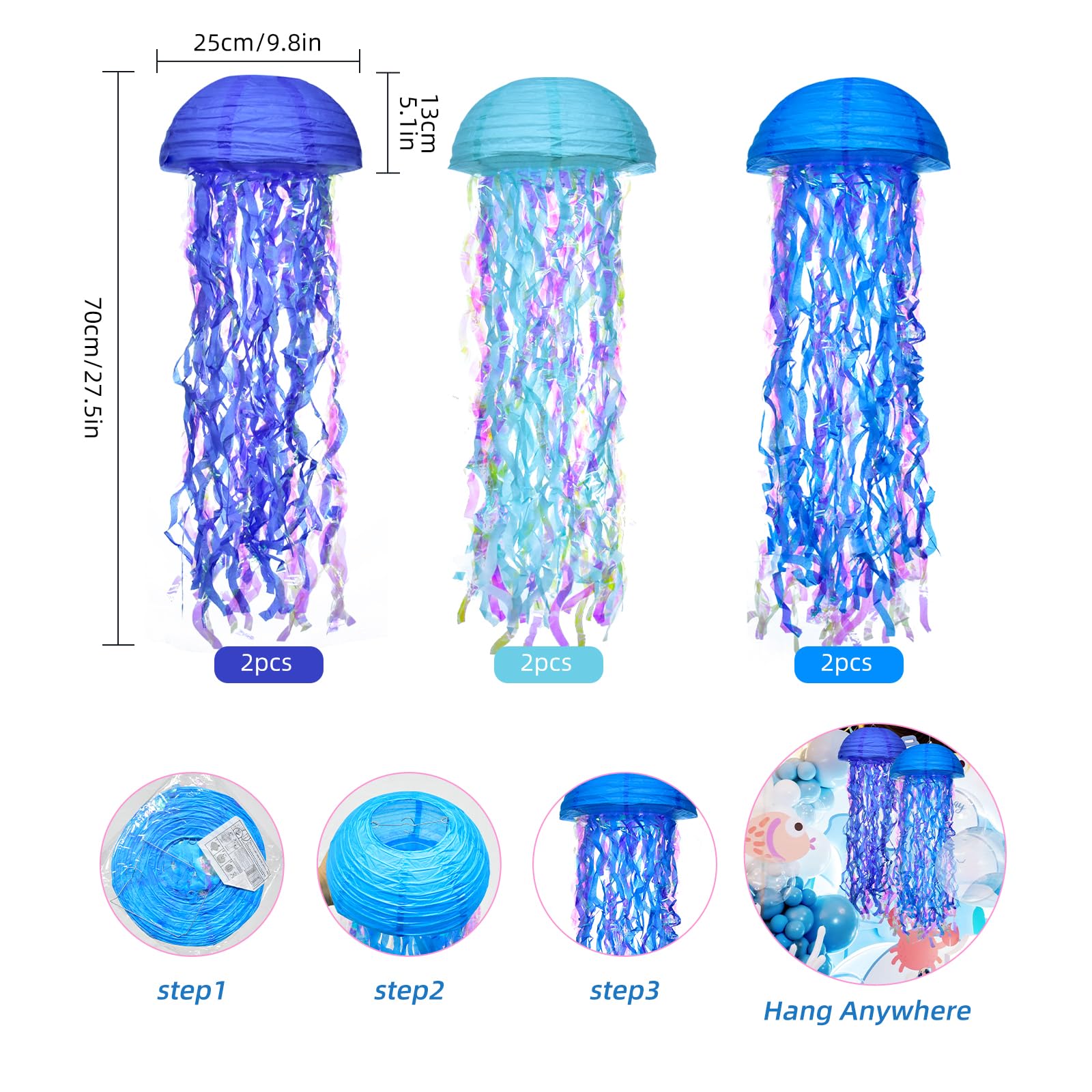 Hanging Jellyfish Paper Lanterns - Hoyechi Gradient Colorful Decor For Mermaid Theme Party, Ocean Birthday, Baby Shower, Nursery, Set Of 6