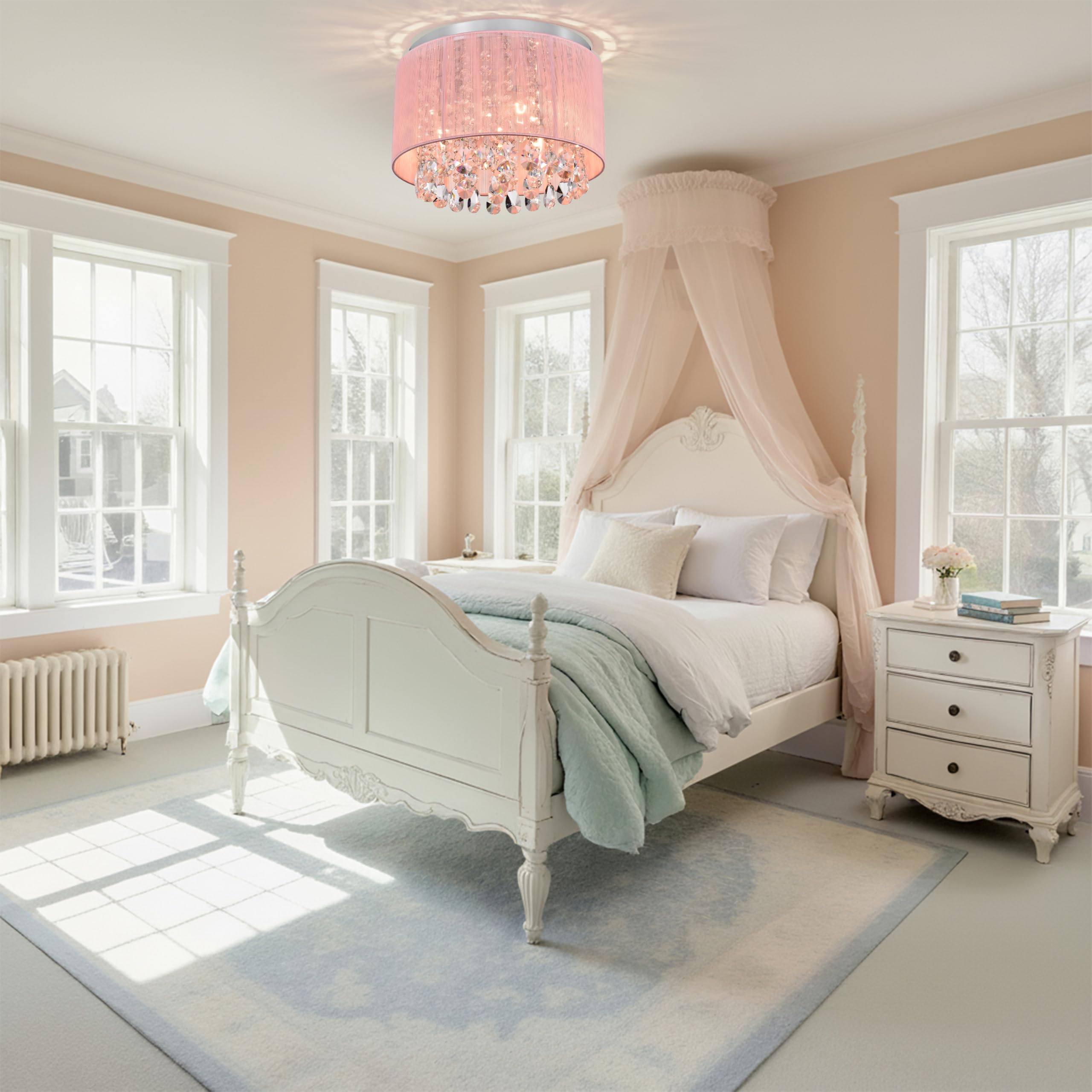 LaLuLa Pink Chandelier Drum Flush Mount Light Fixture - 3-Light 11" Round Crystal Ceiling Light for Girls Bedroom