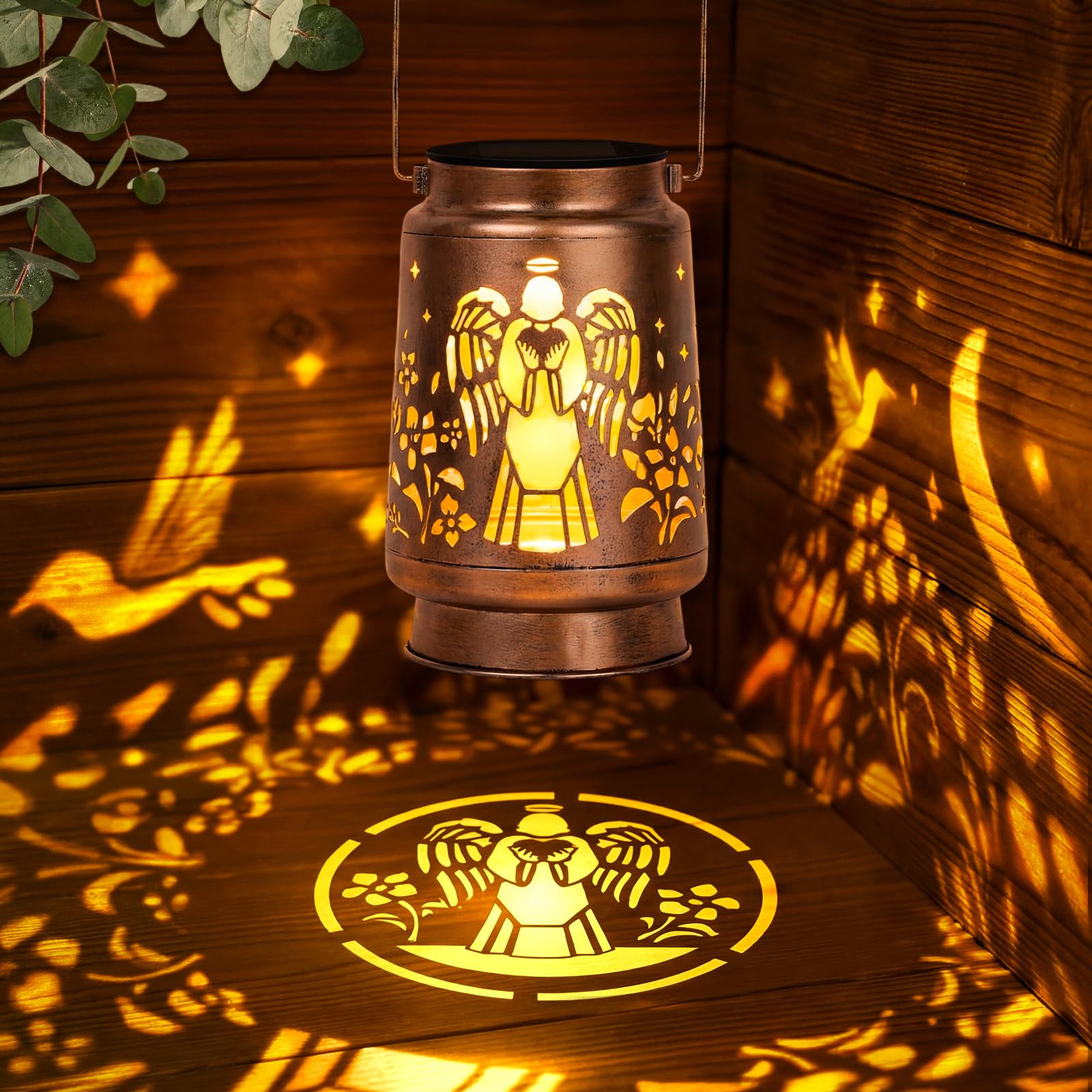 Glooglitter Solar Angel Garden Hanging Lantern Outdoor Decor Angel Solar Light Waterproof Metal Decorative LED Lights for Yard P