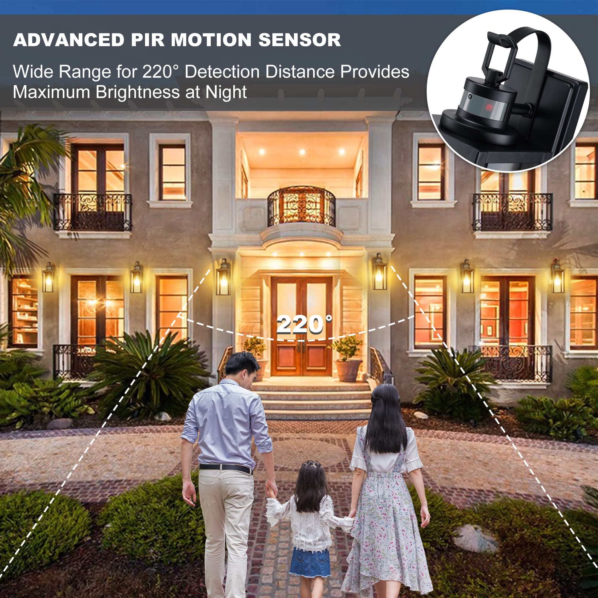 Pia Ricco Motion Sensor Outdoor Wall Lantern, Dusk To Dawn Wall Lighting Sconce, Modern Matte Black Exterior Light Fixture, Wate
