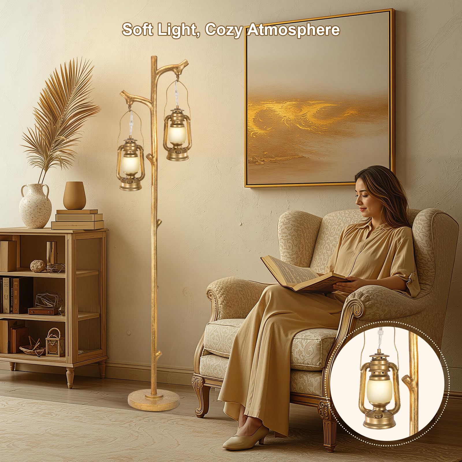 Scenekoy 68” Tall Gold Floor Lamp, Dimmable Resin Standing Light with Lanterns, Model SL034 for Modern Living Room & Bedroom Decor