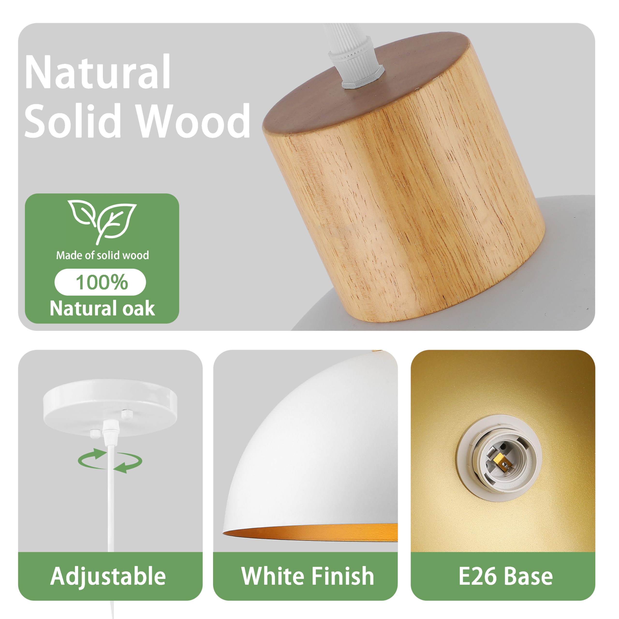 Qianzhan White Pendant Light, 16'' Wood Dome Pendant Lights Fixtures Adjustable Large Modern Hanging Lighting, For Kitchen Islan