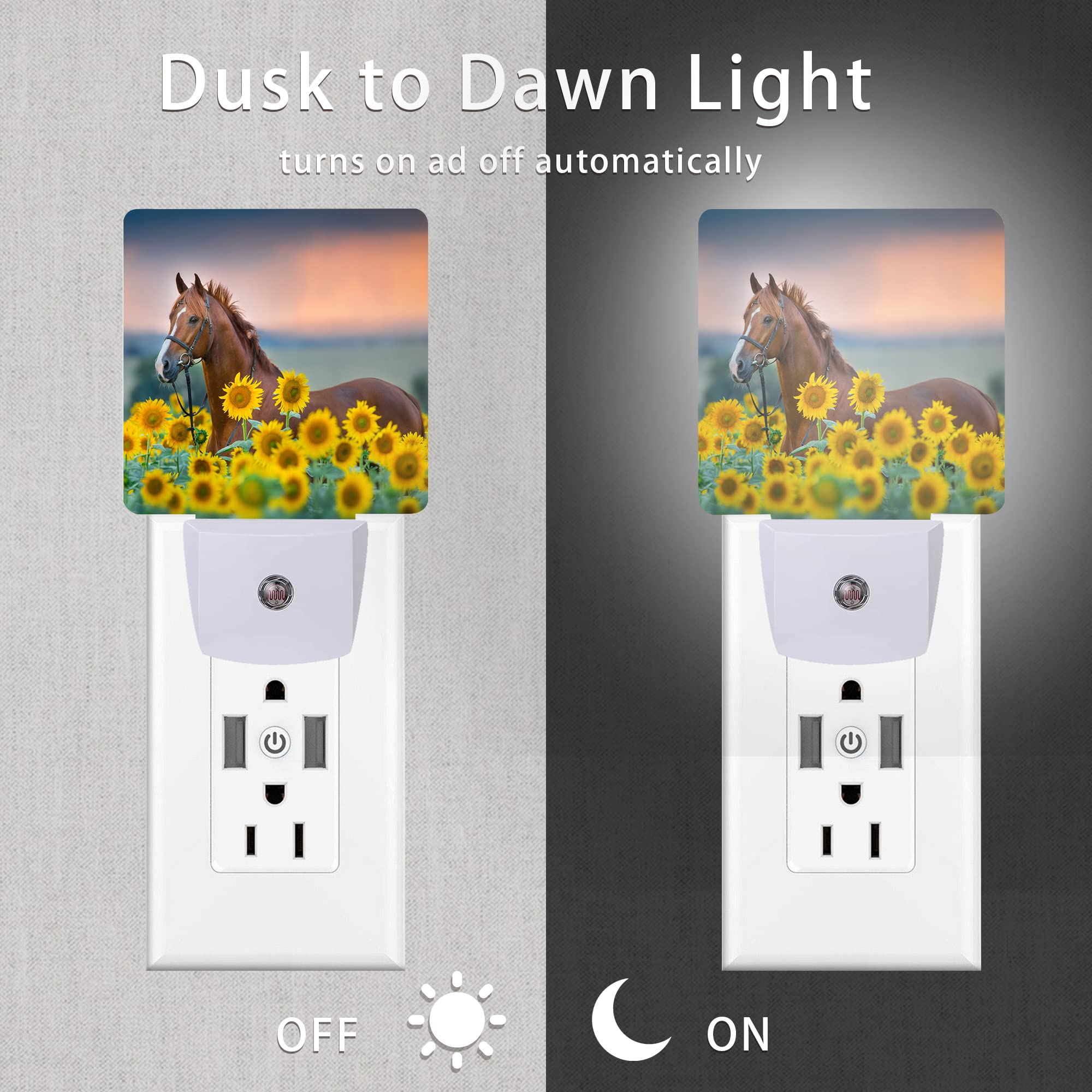 Oeaskly Night Light, Plug-in Dusk-to-Dawn Sensor, Sunflower Horse Design, 0.5W for Bedroom, Bathroom, Living Room, Model SBD04