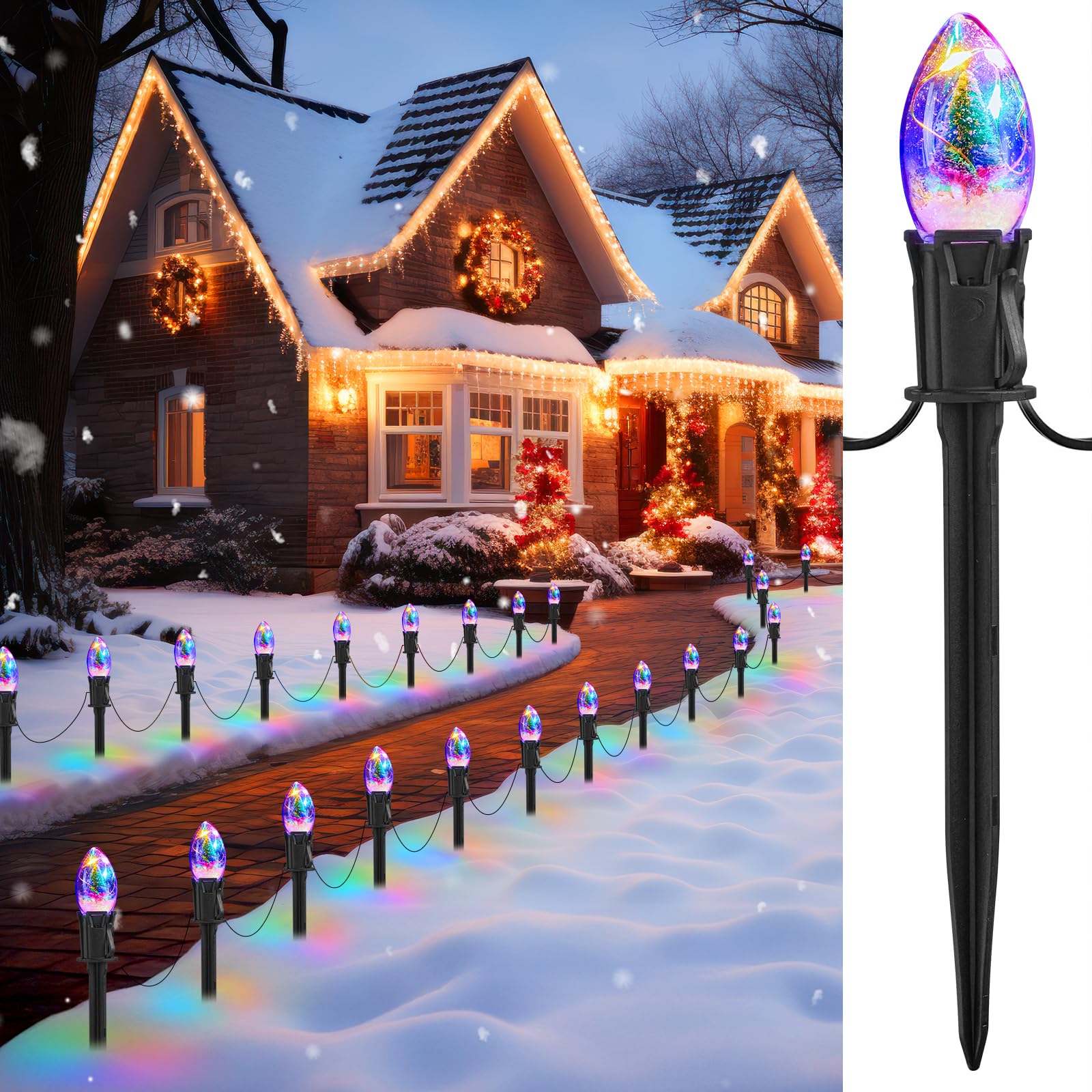 C9 Christmas Pathway Lights Outdoor, 25Ft 20 LED Christmas String Lights with Stakes, 4 Light Modes, Waterproof Connectable Chri