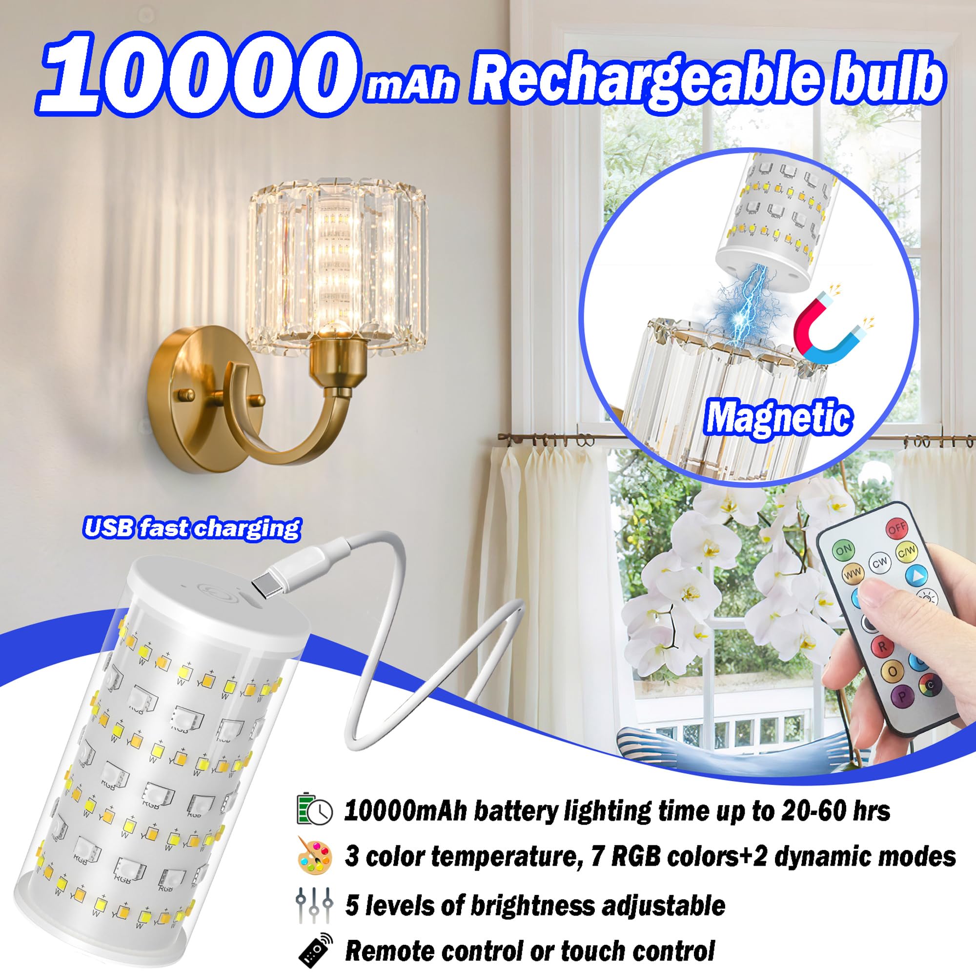 Wall Sconces Battery Operated Wall Lights Set Of Two, Wireless Rechargeable Wall Sconces With 10000Mah Rgb Light Bulb, Crystal W