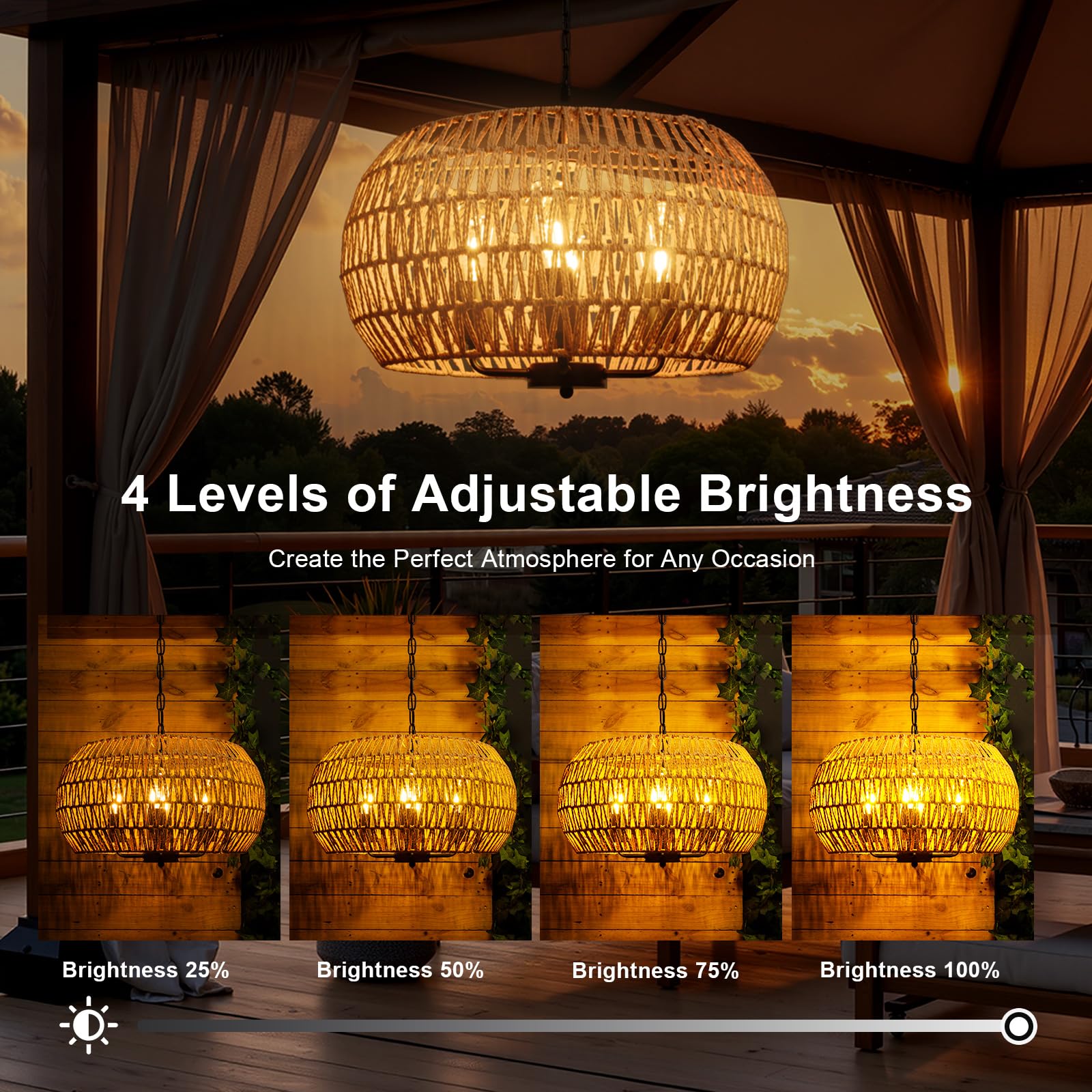 ALL FORTUNE 4-Light Outdoor Solar Chandelier, 19" Beige Rattan, Waterproof Hanging Pendant for Gazebo, Porch, Patio, Model OP-68232-SO