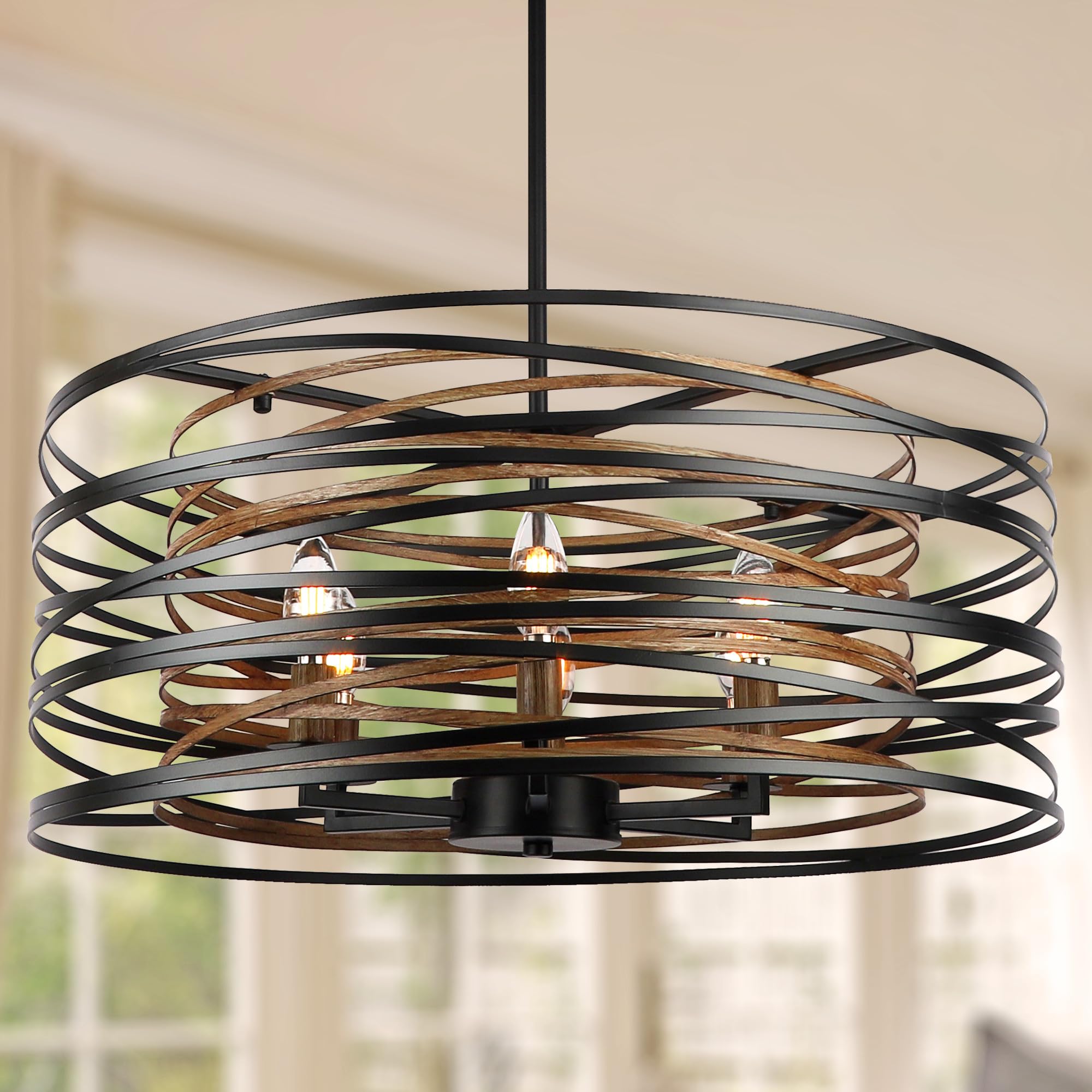 ACNKTZ 23.6'' Rustic Large Drum Chandeliers for Dining Room, 6-Light Modern Farmhouse Lighting for Kitchen Island, Retro Round E