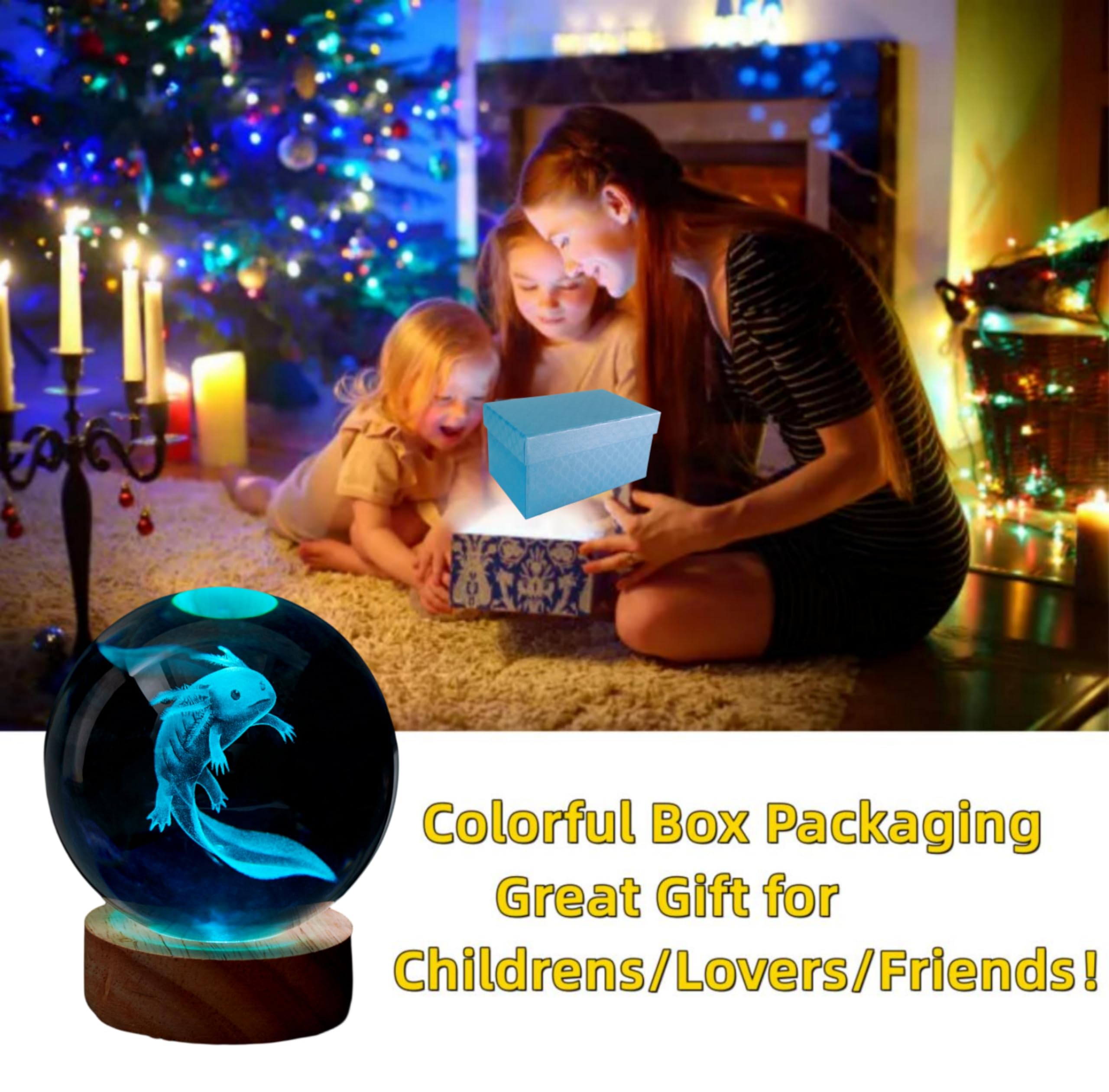 3D Axolotl Crystal Ball Lamp, Upgraded 3.15 Inch Axolotl Crystal Ball Night Light With 16 Colors Led Wooden Base, Remote Control, Gift Box Packaging, Home Decor Gift For Friends (Axolotl D)